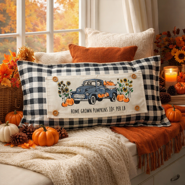 Decorative pillow with a truck and pumpkin design in a cozy room with autumn decorations.