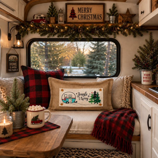 A cozy RV or camper interior decorated for Christmas, featuring a cushioned bench with red plaid pillows and a matching throw blanket, a wooden coffee table with a mug of marshmallows, and a framed 'Jingle Joy Way' pillow in the center.