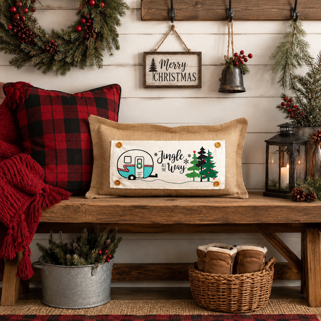 A rectangular burlap throw pillow with a Christmas camper illustration and the words 'Jingle Joy Way' is styled on a rustic wooden bench in a cozy holiday room setting.