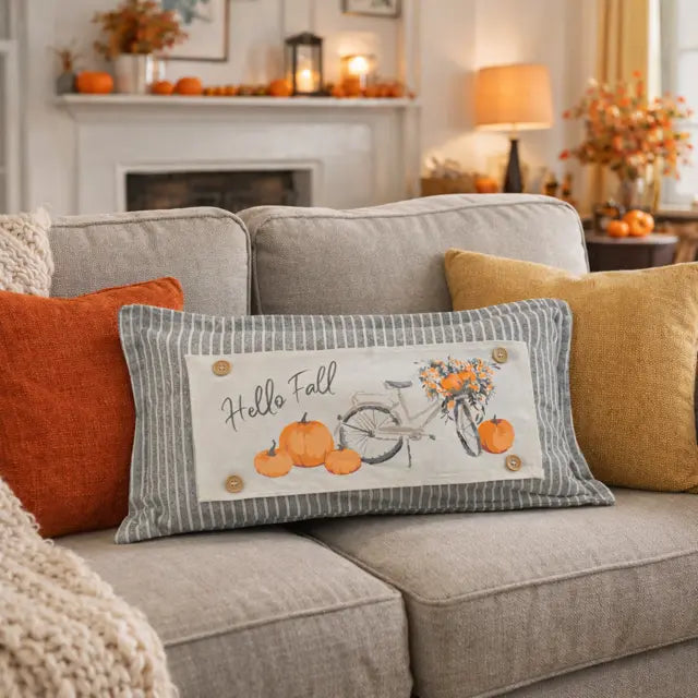 Decorative pillow with 'Hello Fall' text and pumpkins on a gray sofa in a cozy living room.