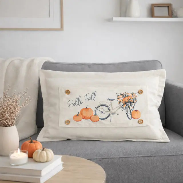 Decorative pillow with 'Hello Fall' text and bicycle design on a gray couch.