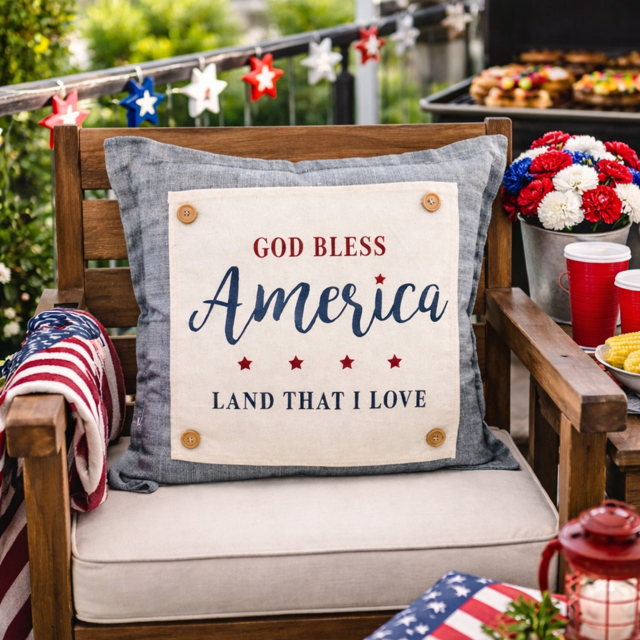 Decorative pillow with 'God Bless America' text on a wooden chair outdoors.