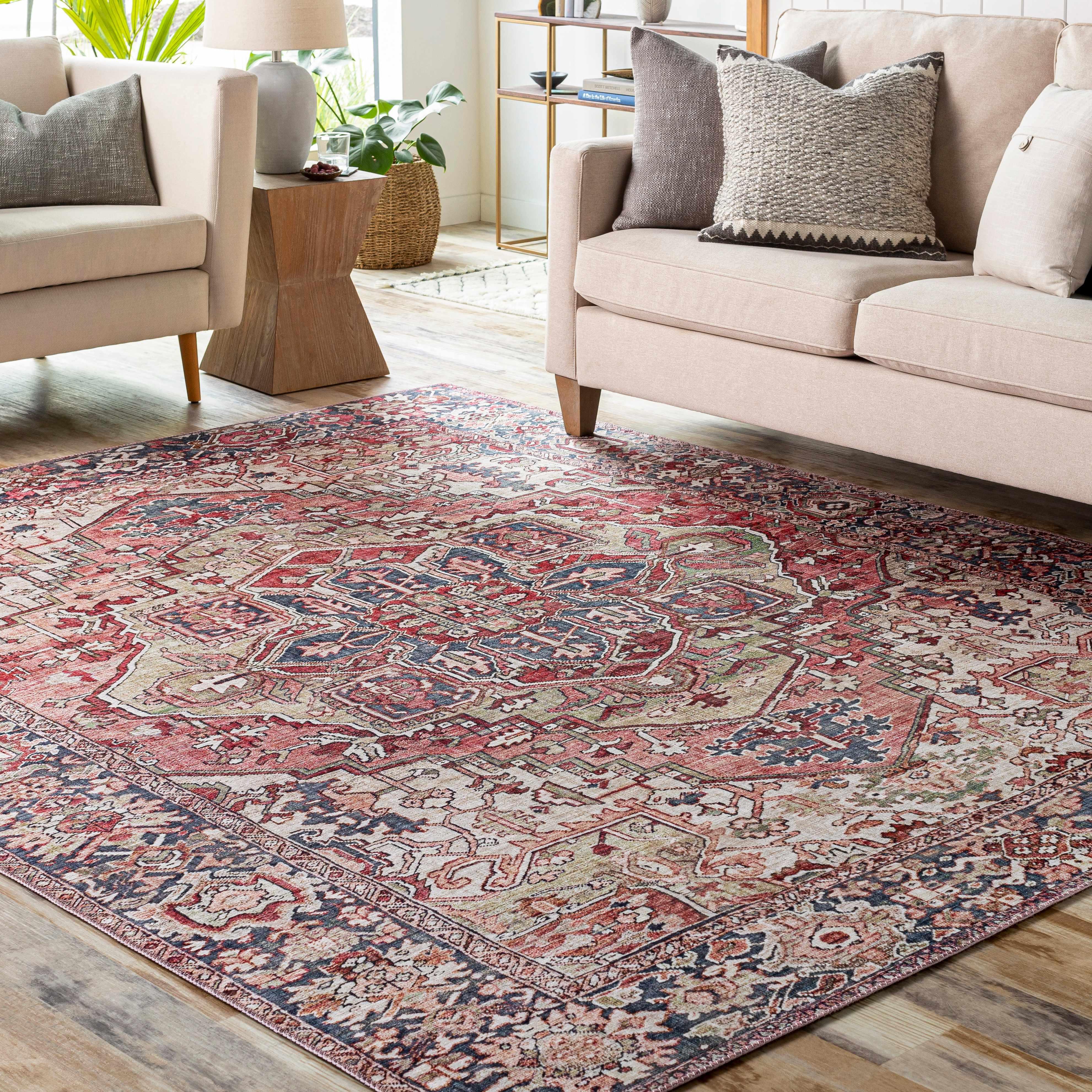 Vintage-style area rug with red and blue patterns in cozy farmhouse living room