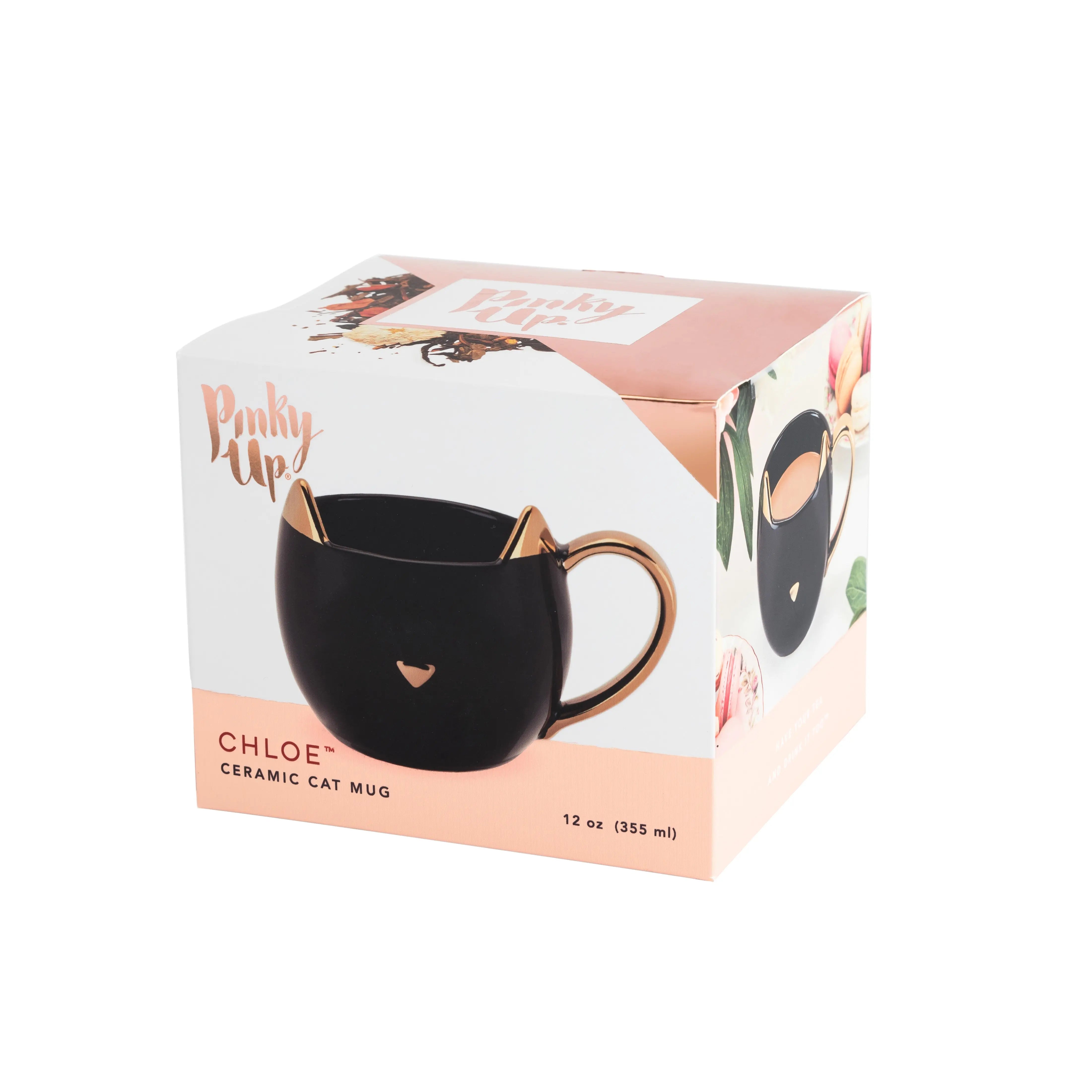 Black ceramic cat mug with gold accents in a decorative box packaging.