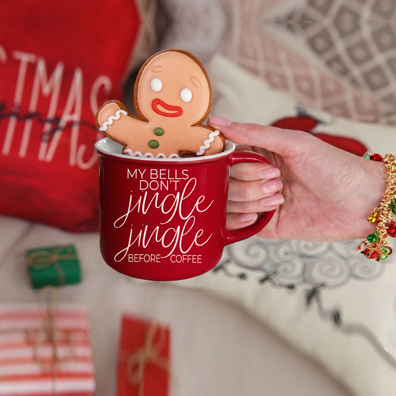 Red mug with gingerbread man and Christmas-themed background