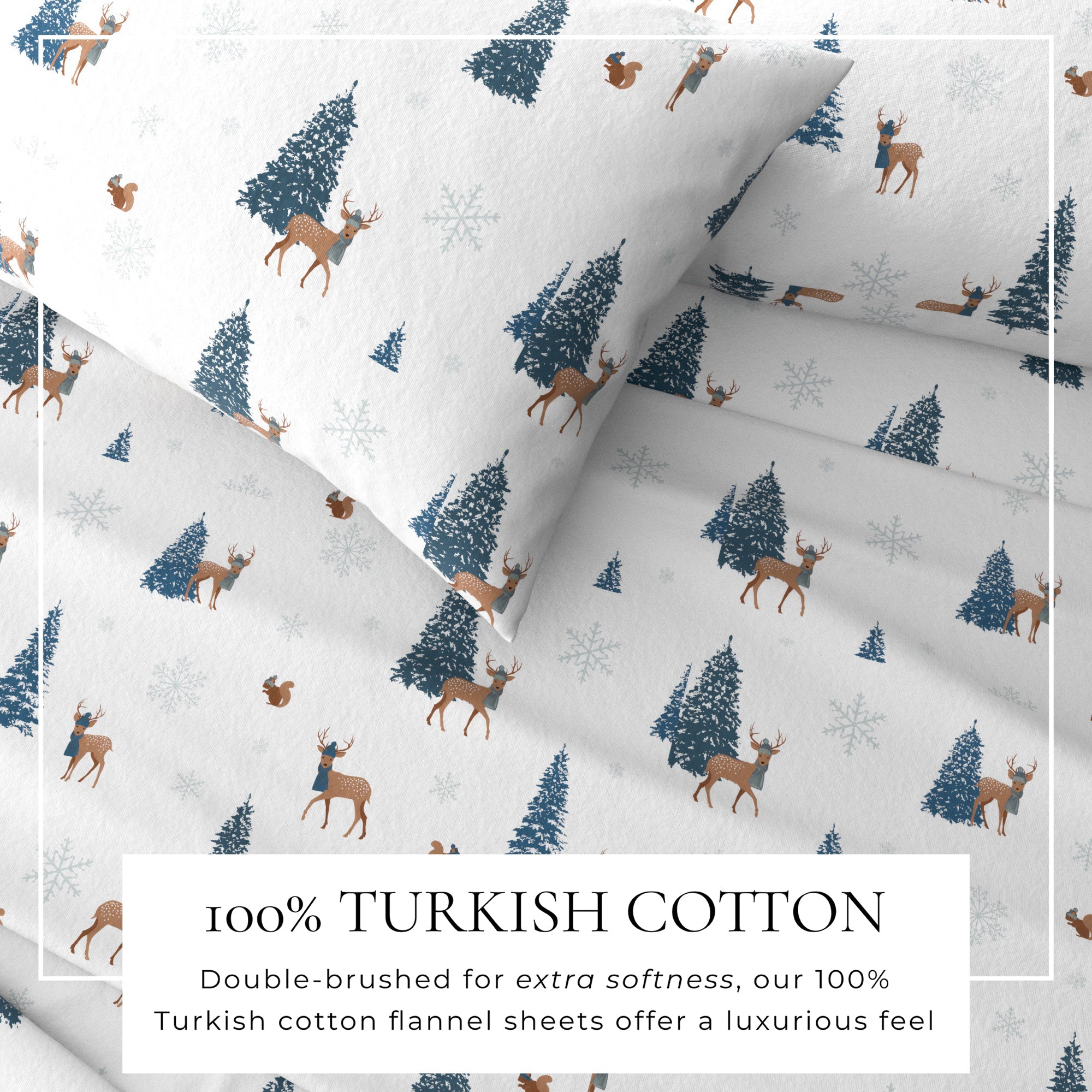 Roll of fabric with deer and tree pattern on a white background, labeled as 100% Turkish cotton.