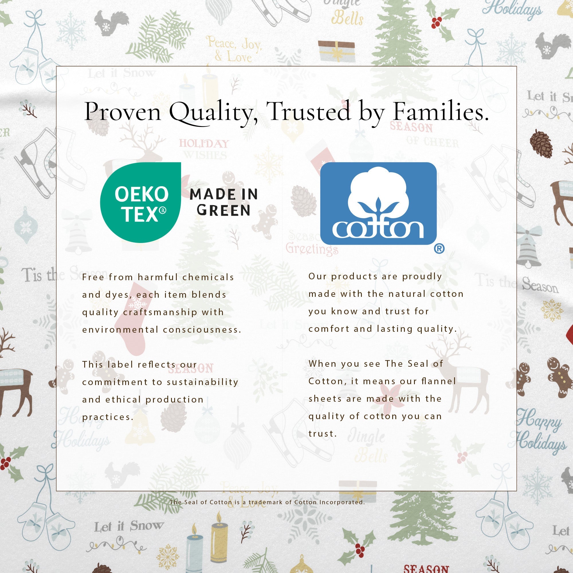Product packaging with Oeko-Tex and Cotton logos on a festive background