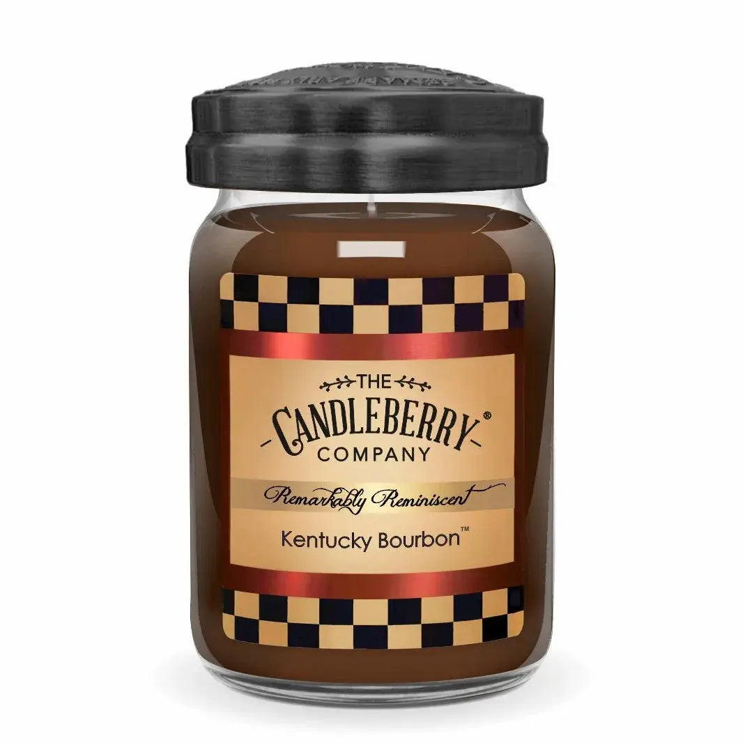 Kentucky Bourbon scented candle by Candleberry Company in farmhouse-style jar with checkered label