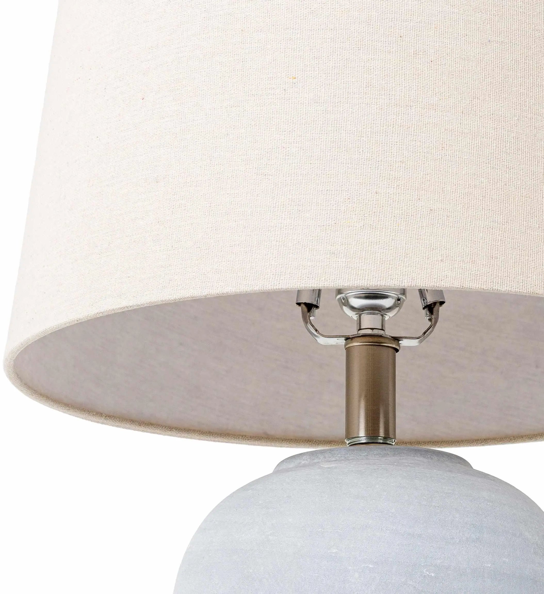 Farmhouse table lamp with beige linen shade and gray ceramic base, cozy cottage style lighting