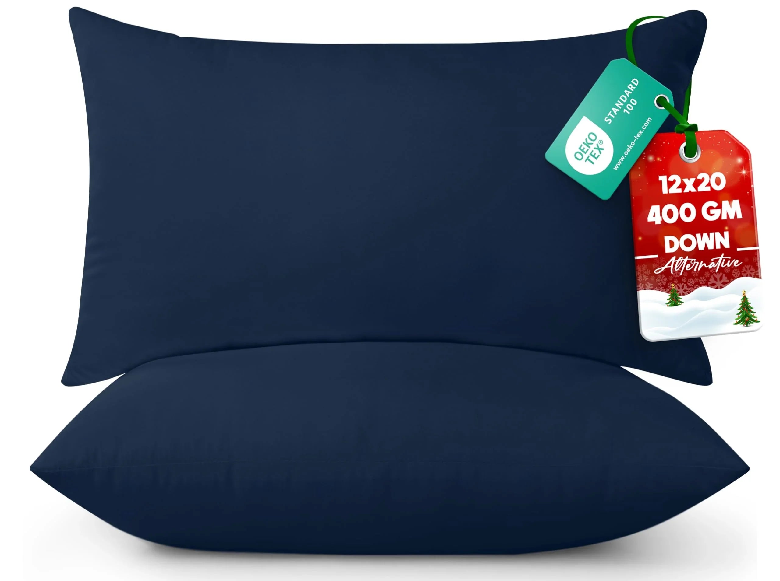 Set of two navy blue 12x20 down alternative pillow inserts with product tags