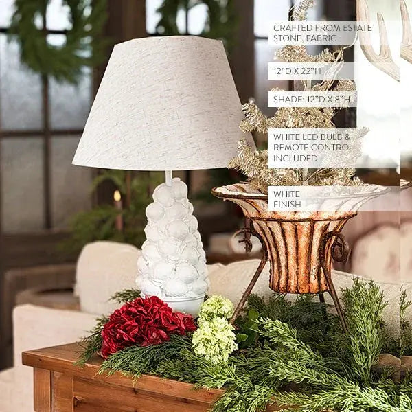 White farmhouse table lamp with textured shade, LED bulb, remote, styled with greenery and red blooms for cozy cottage decor
