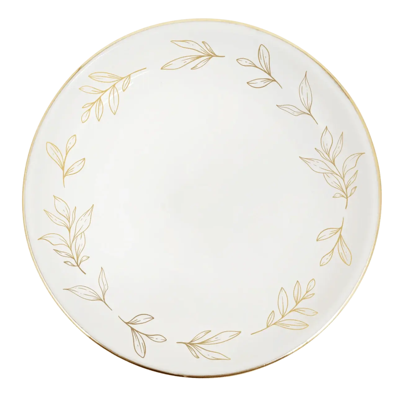 White ceramic plate with gold leaf pattern and gold rim, farmhouse cottage style dinnerware