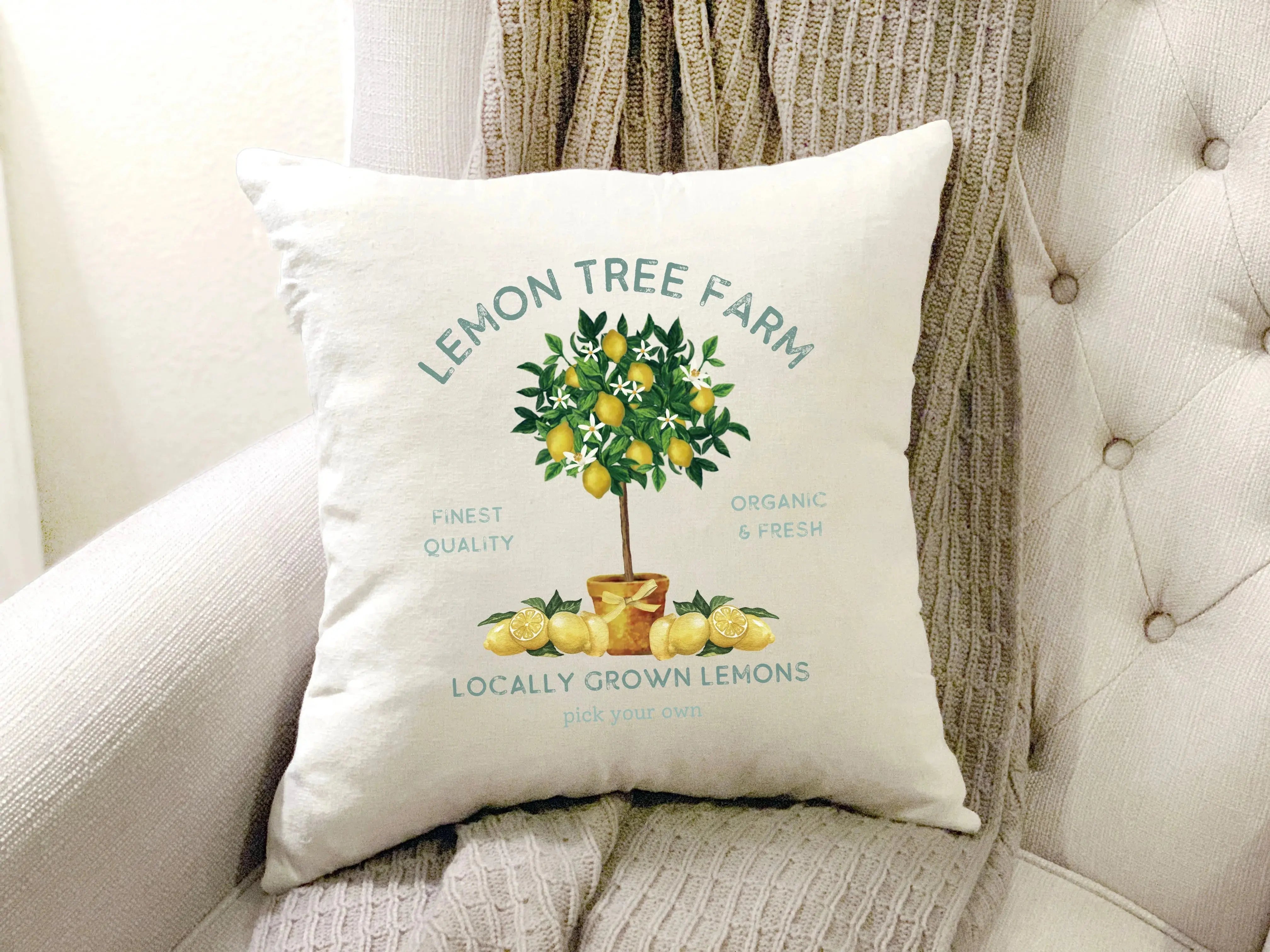 Lemon tree farm pillow with fresh lemons, cozy farmhouse decor for living room