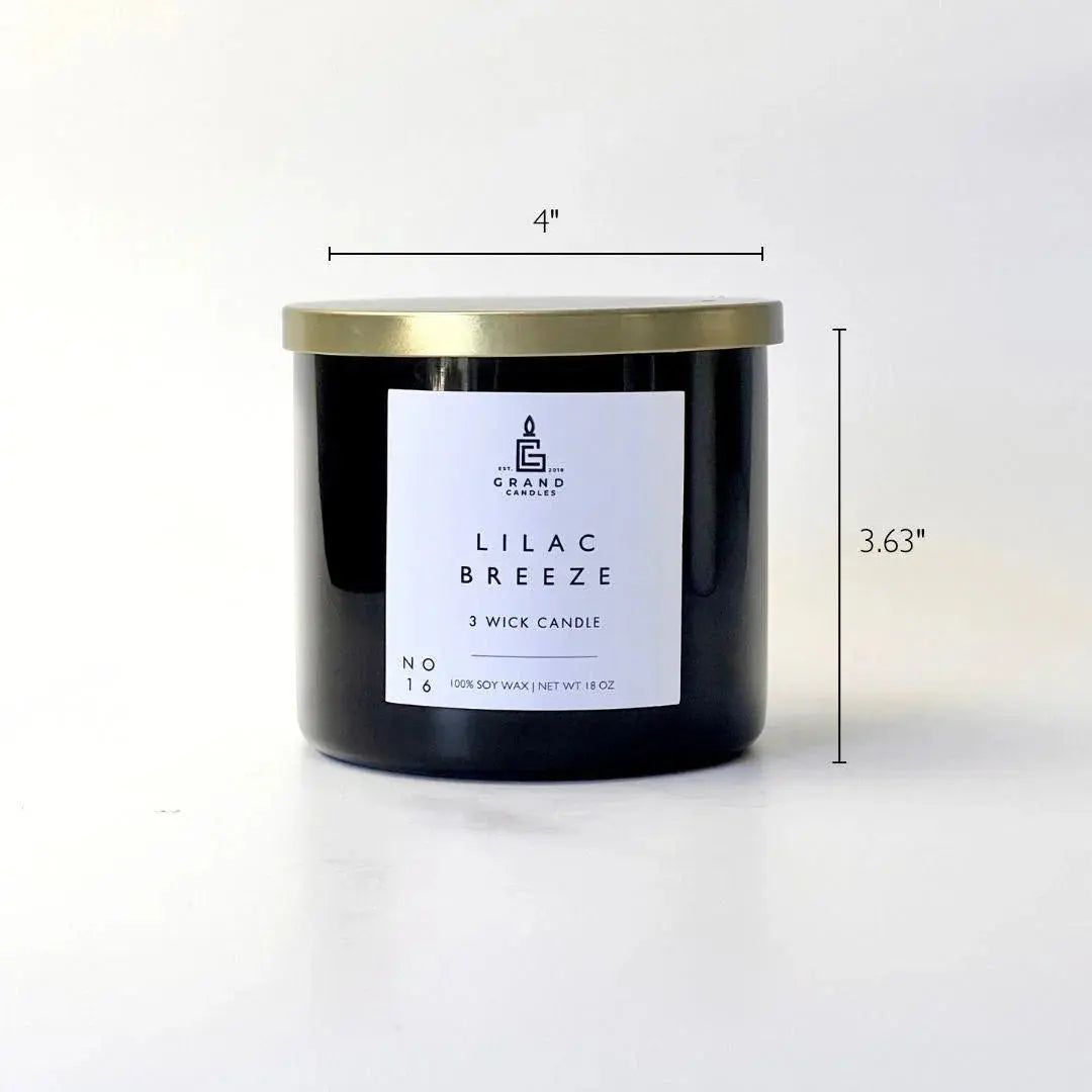 Lilac Breeze 3-wick soy candle in black jar with gold lid, cozy home decor essential