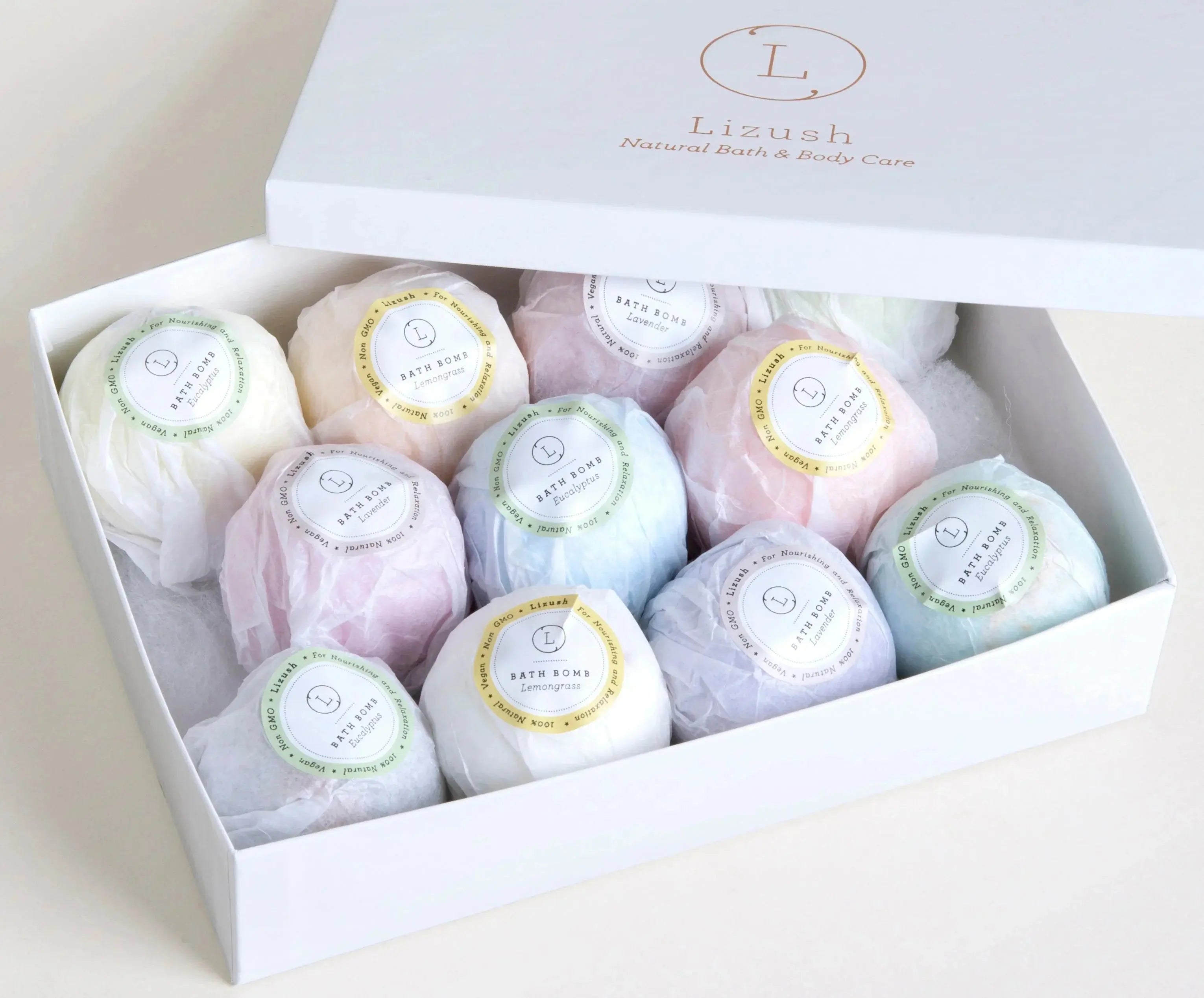 Lizush natural bath bombs in gift box, vegan & non-GMO, scents like lavender, eucalyptus, lemongrass for relaxation