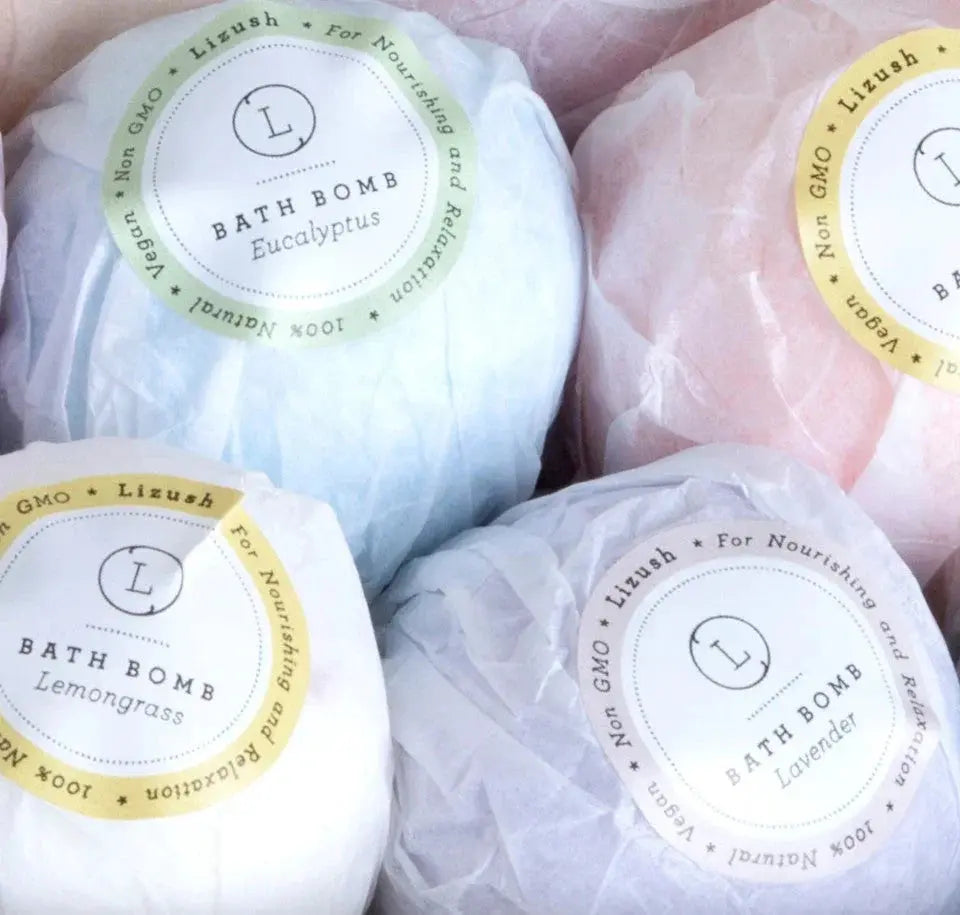 Lizush bath bombs in eucalyptus, lavender, lemongrass scents — vegan, natural, for relaxation