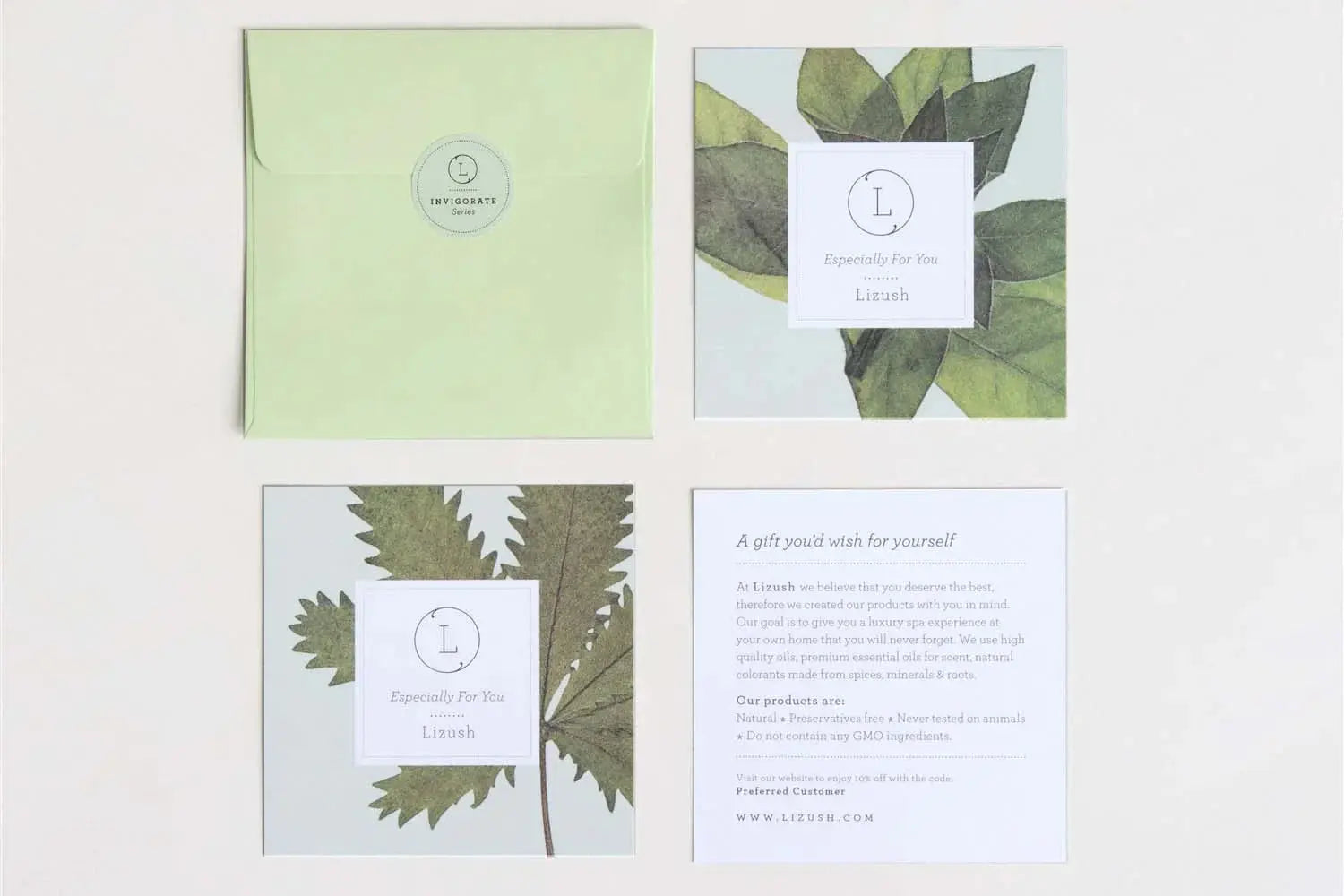 Lizush botanical gift set with leaf-print cards, mint envelope, and natural spa product info for cozy home decor