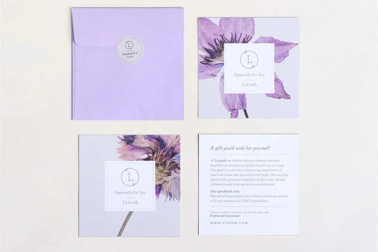 Lavender gift set with floral cards, envelope, and spa info for cozy home decor and thoughtful gifts