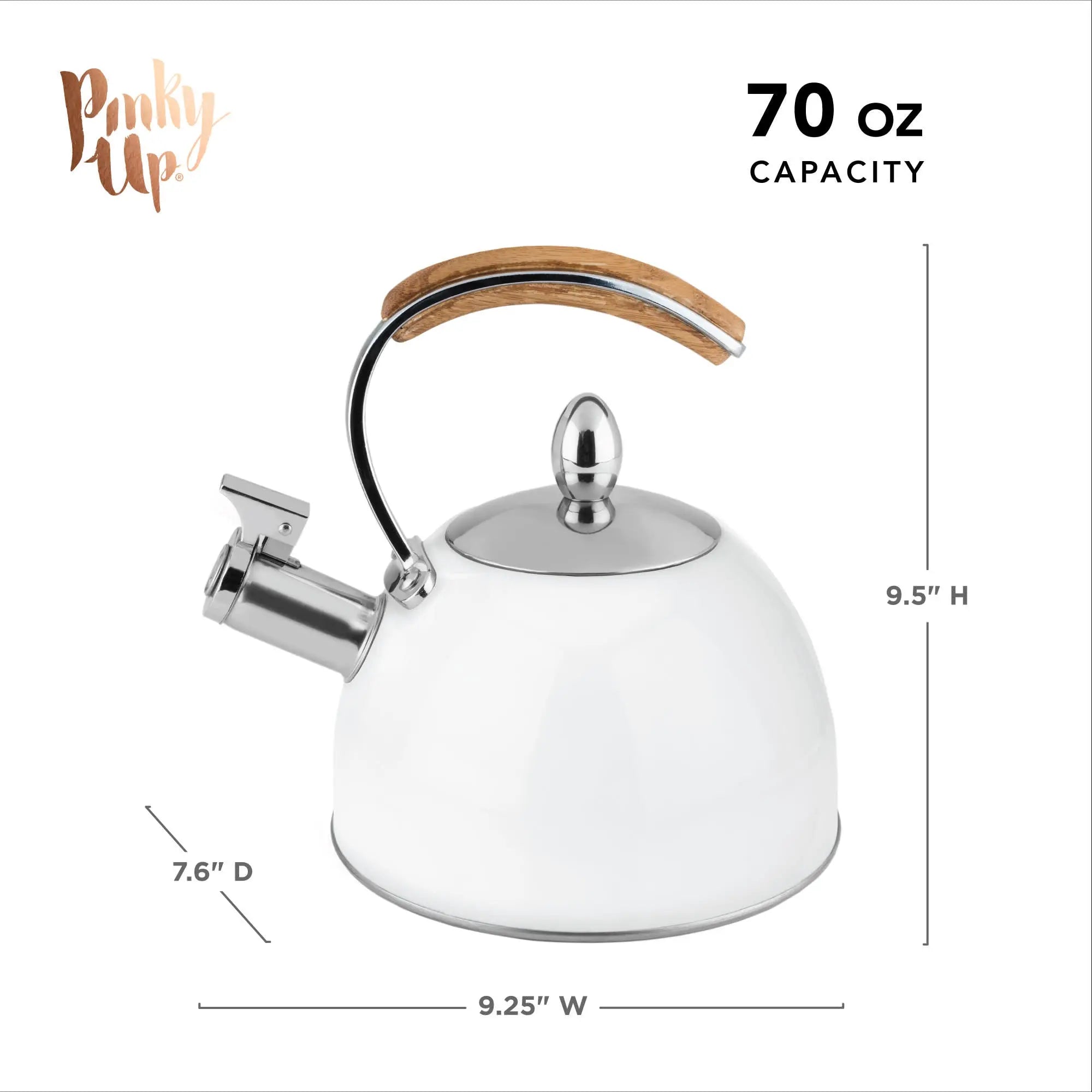White kettle with wooden handle and measurements on a white background