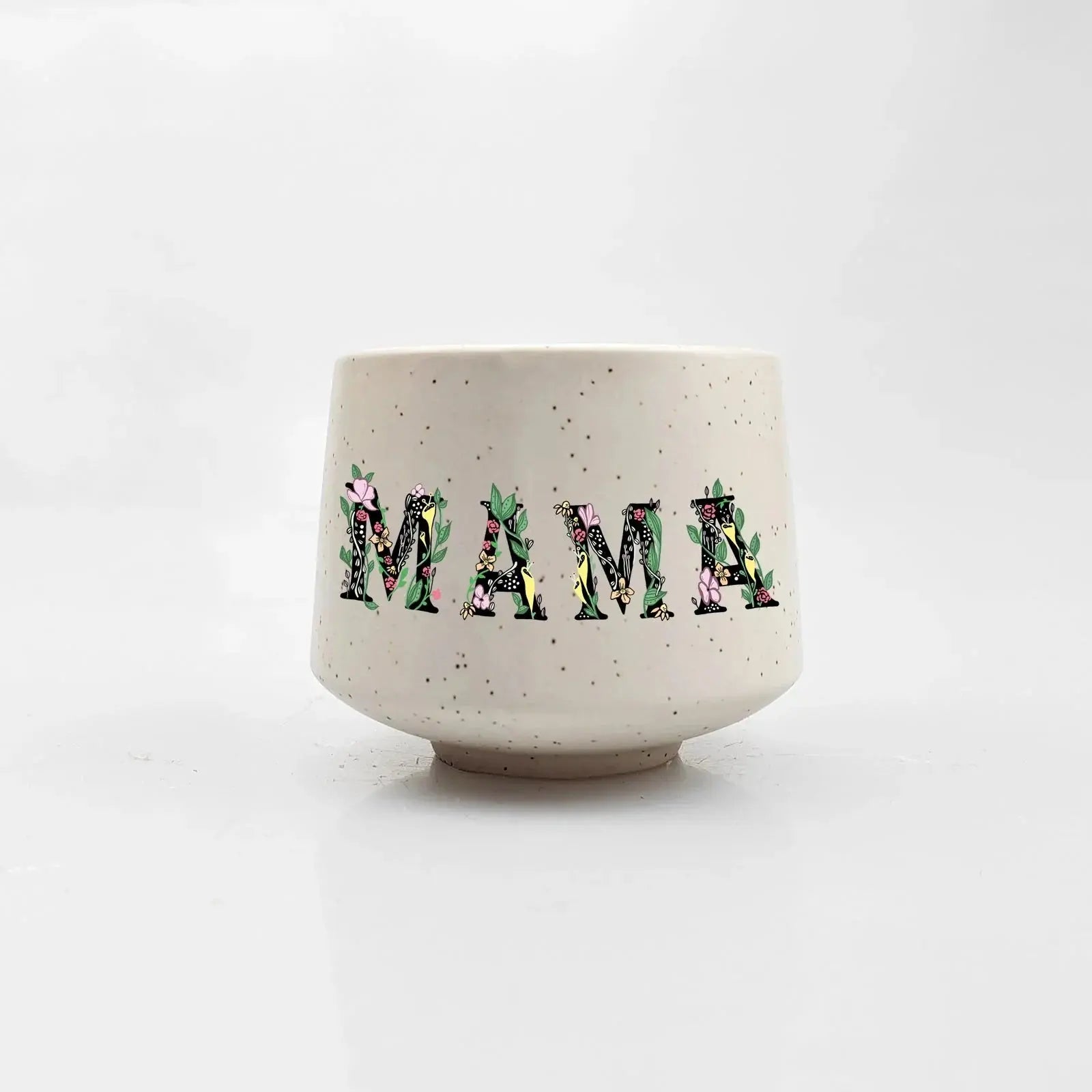 Speckled ceramic mug with floral 'MAMA' design, cozy farmhouse decor gift