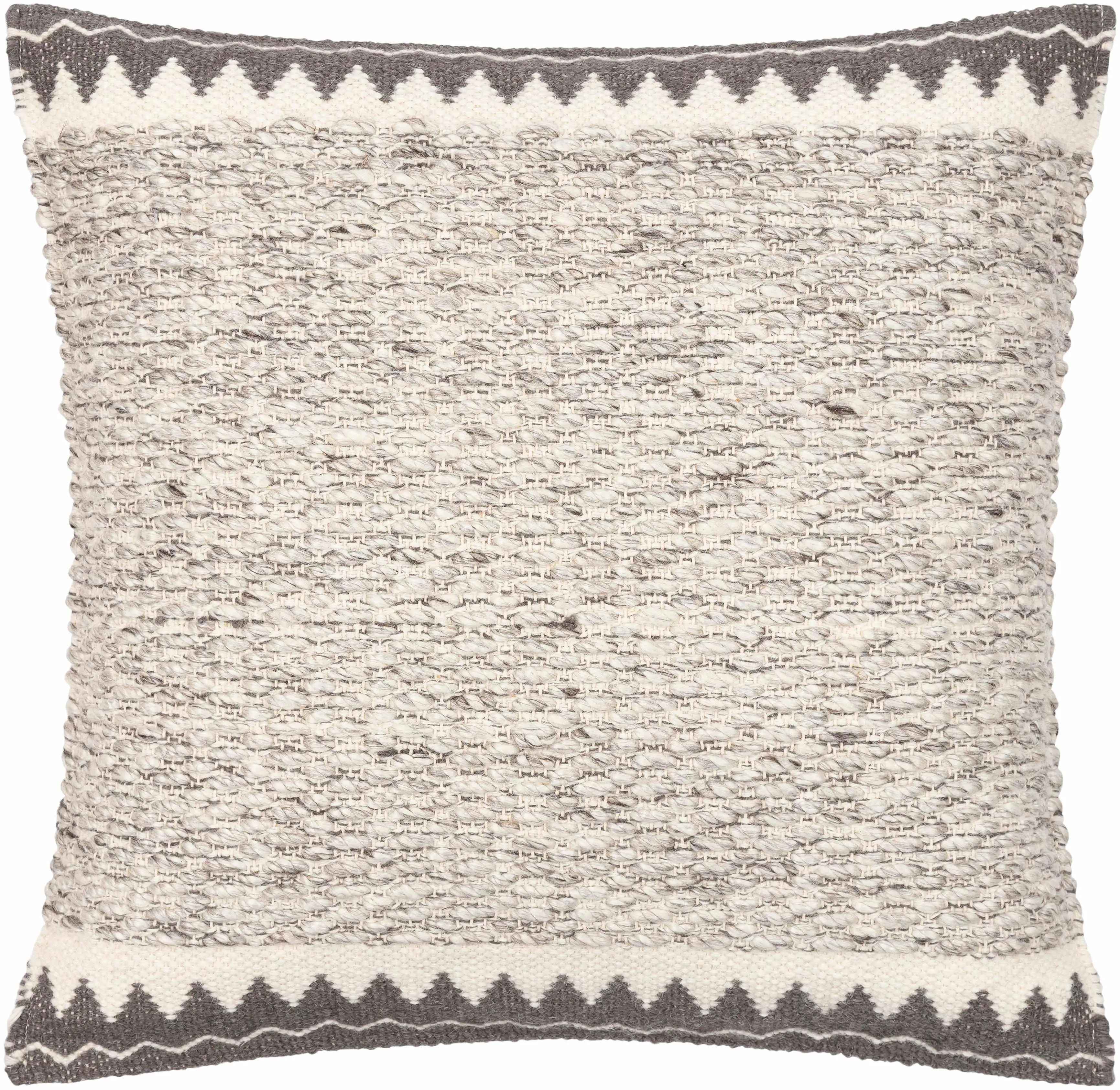 Cozy farmhouse-style woven throw pillow with gray and cream geometric pattern