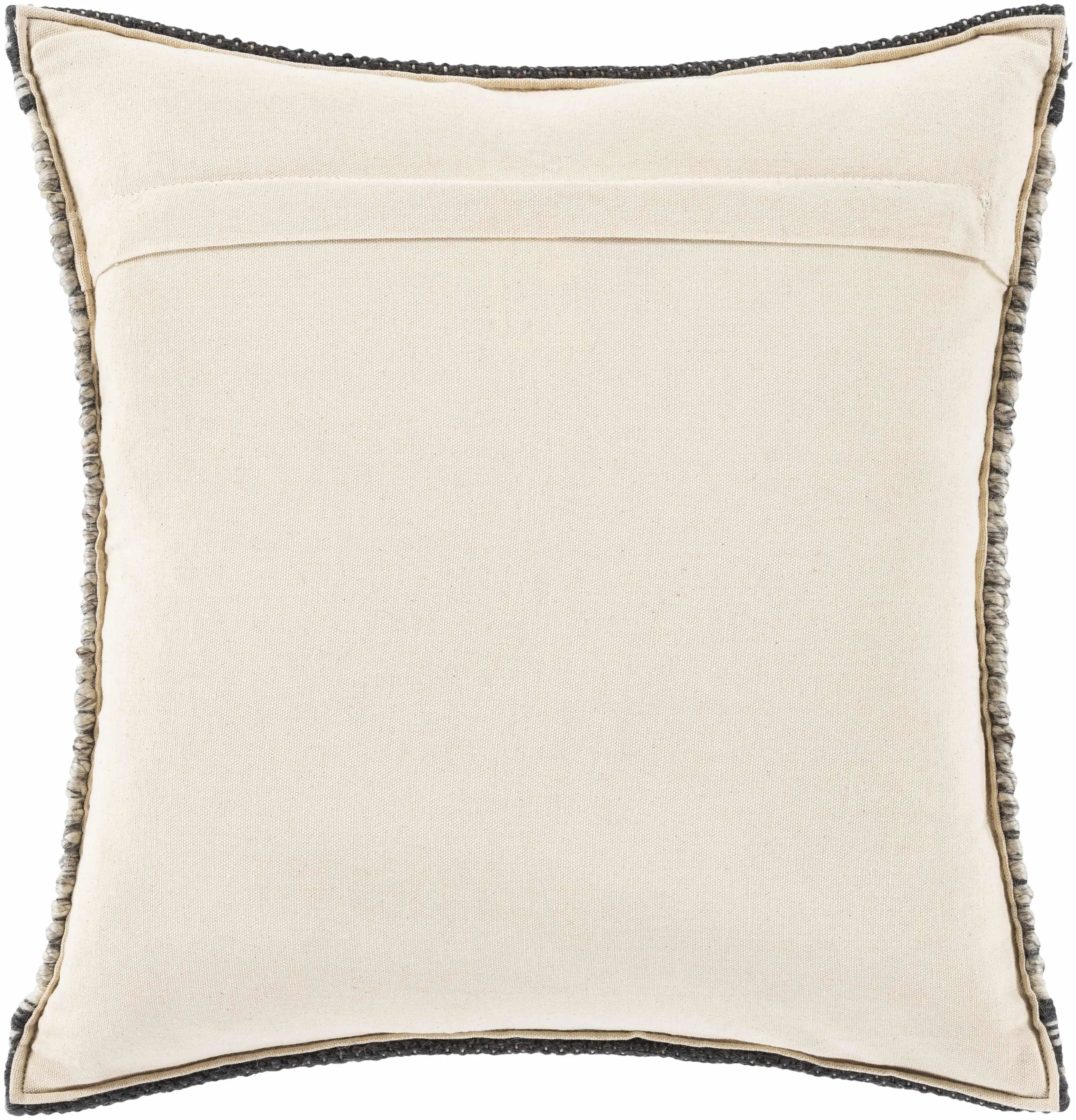 Cream farmhouse throw pillow with textured gray trim for cozy cottage decor