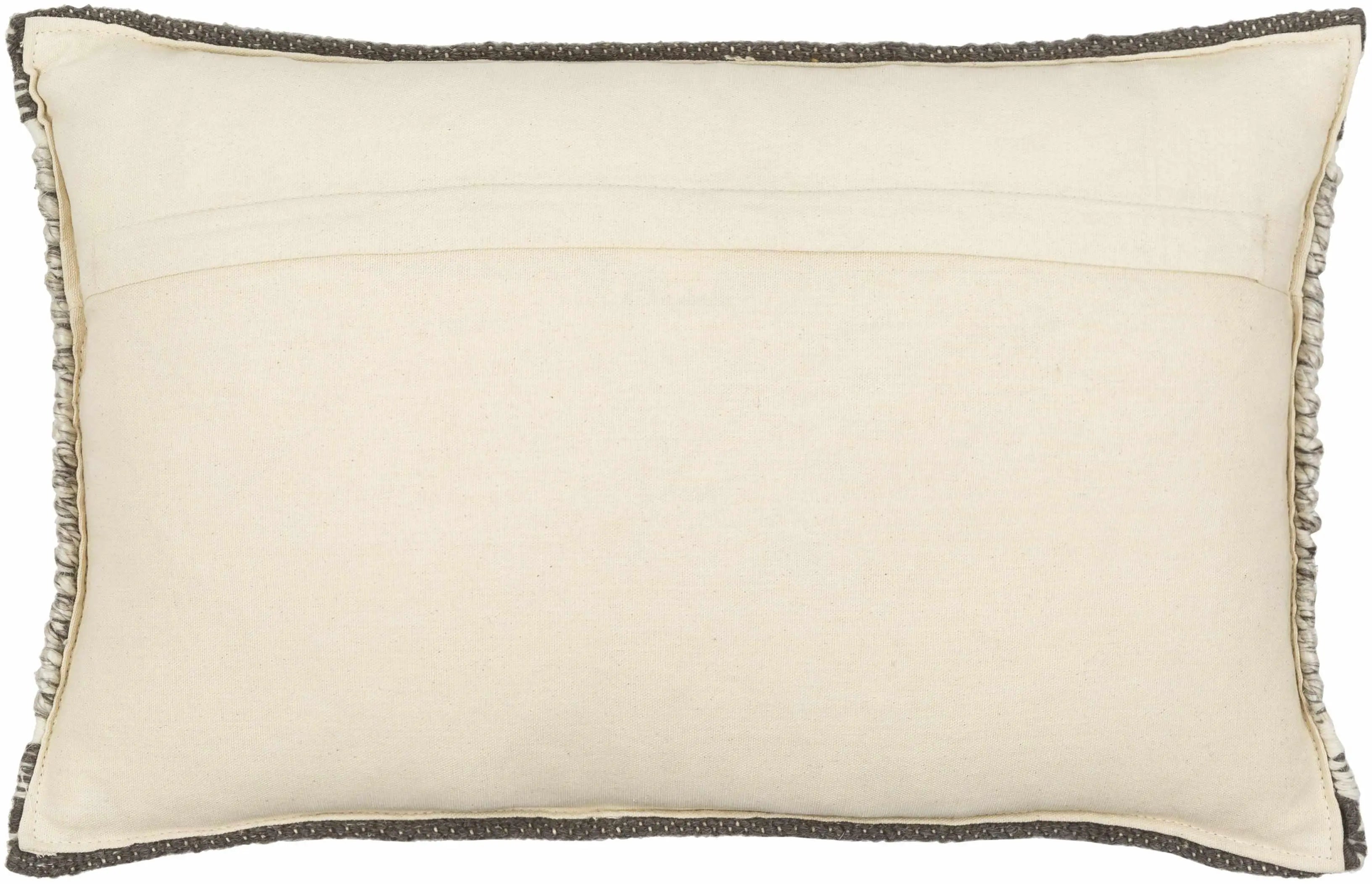 Cream farmhouse pillow with textured gray trim, cozy cottage decor accent