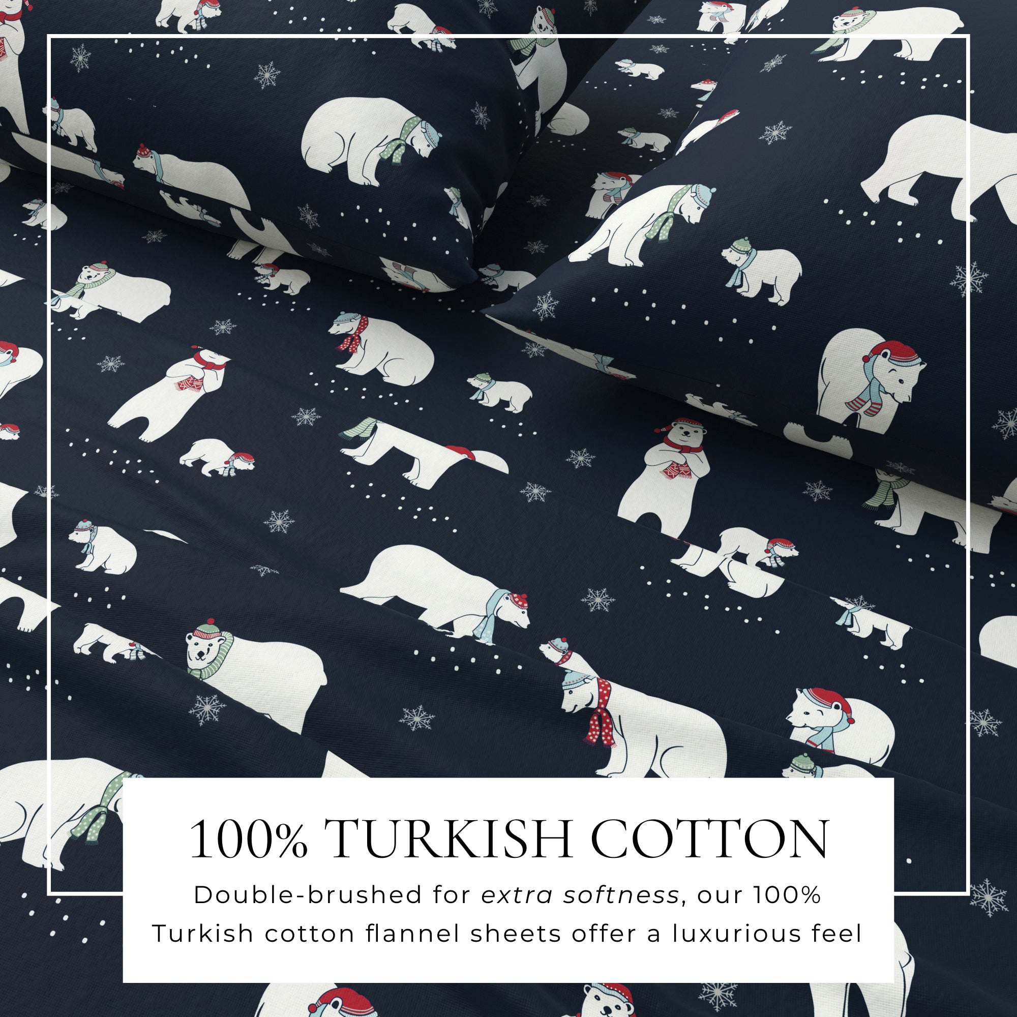 Flannel sheets with polar bear pattern on a navy background, featuring 100% Turkish cotton text.