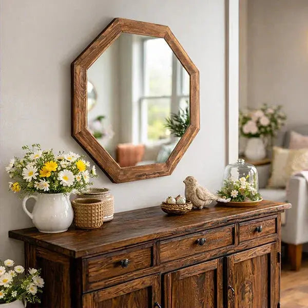 Rustic octagon mirror above farmhouse wooden console table with daisies, bird decor, and candle jars