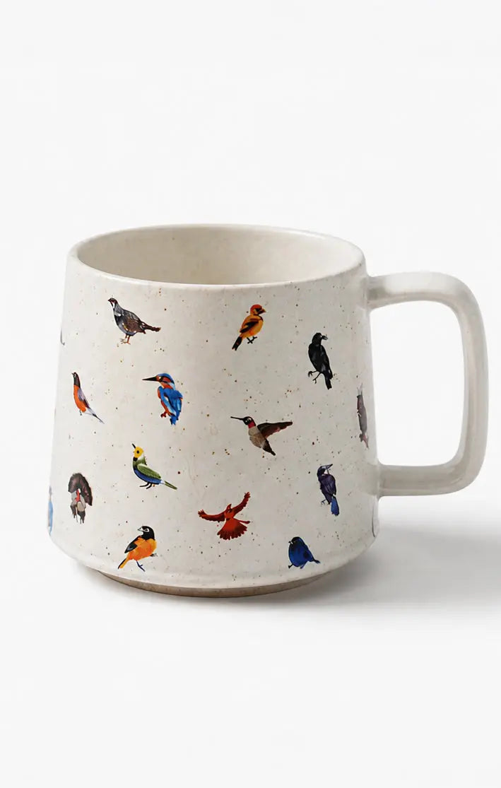 Ceramic mug with colorful bird pattern, cozy farmhouse decor for coffee or tea