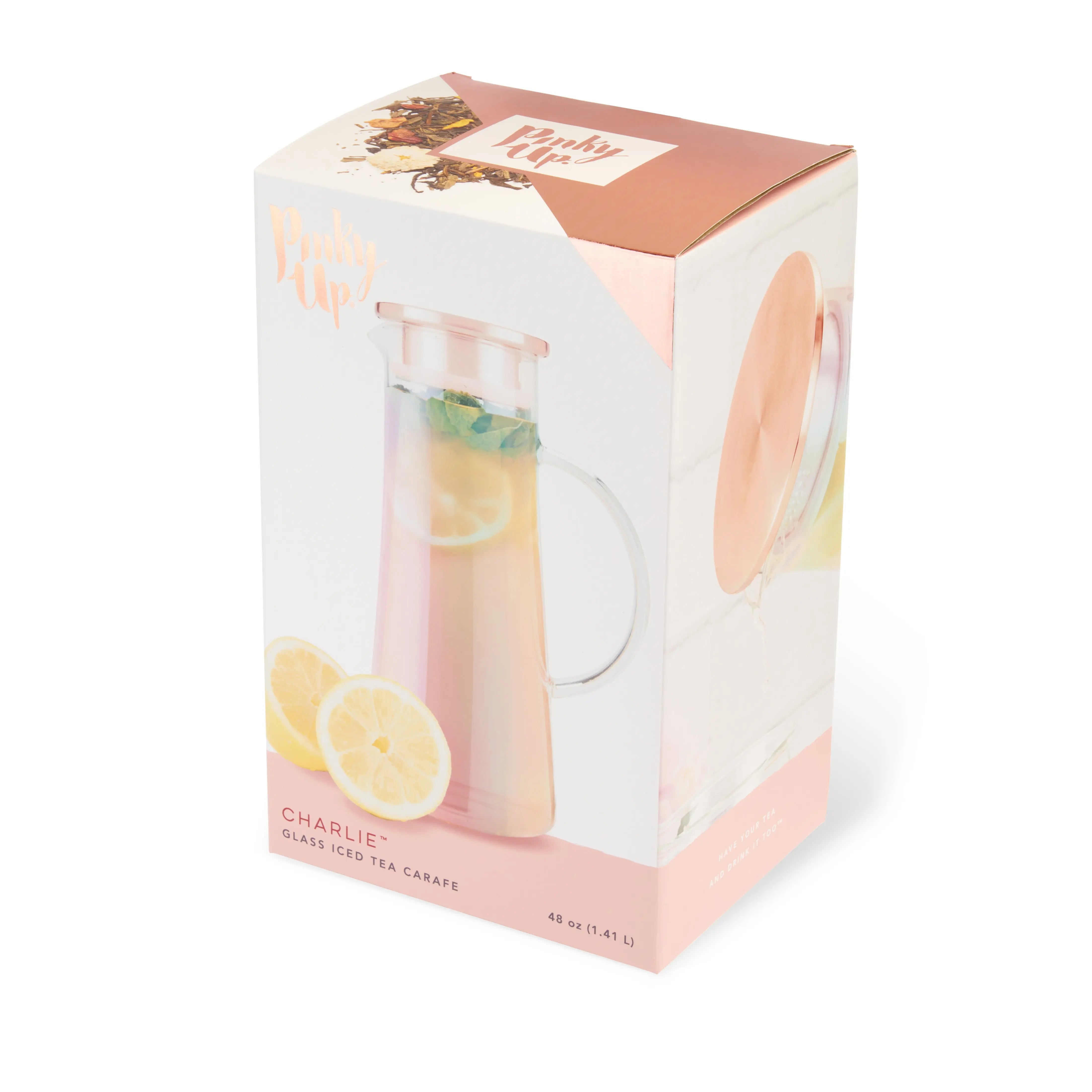 Tea carafe packaging with lemon slices and 'Pinky Up' branding on a white background