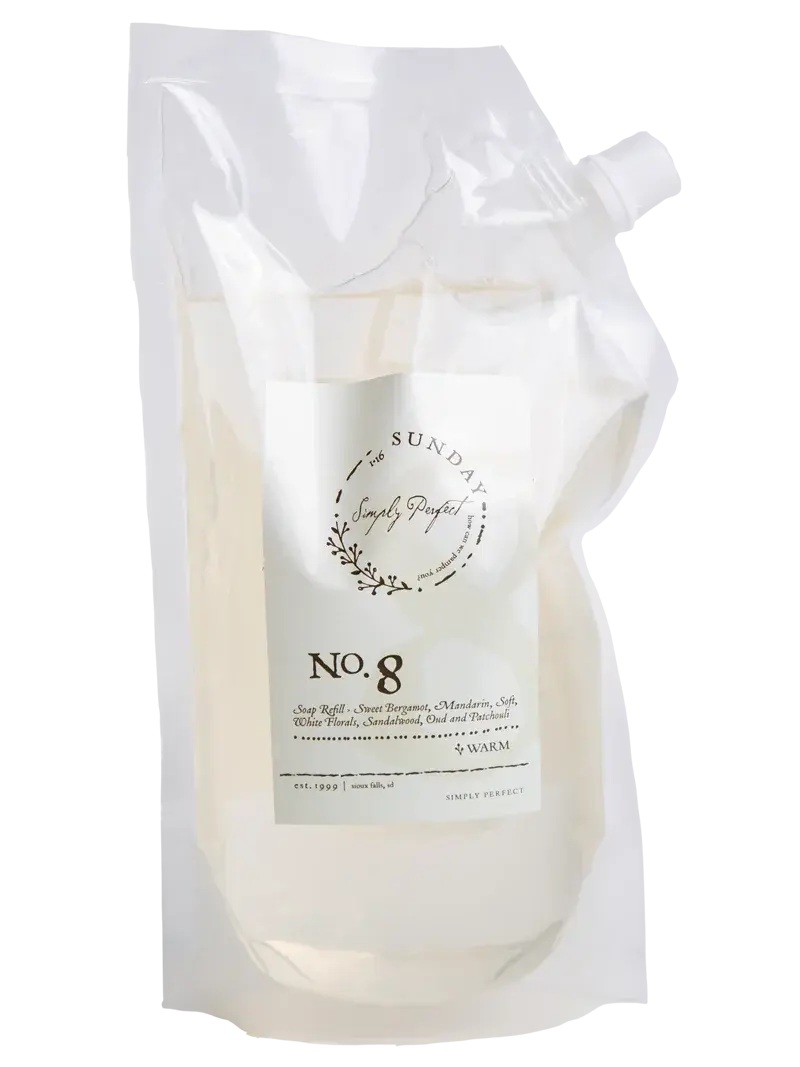 Simply Perfect No. 8 soap refill pouch with warm floral and woody notes for cozy home bath essentials