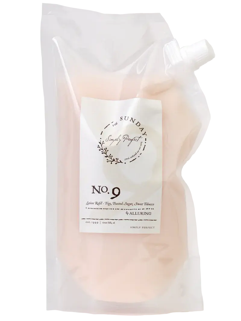 No. 9 lotion refill pouch with fig, toasted sugar, sweet tobacco scent for cozy home bath essentials