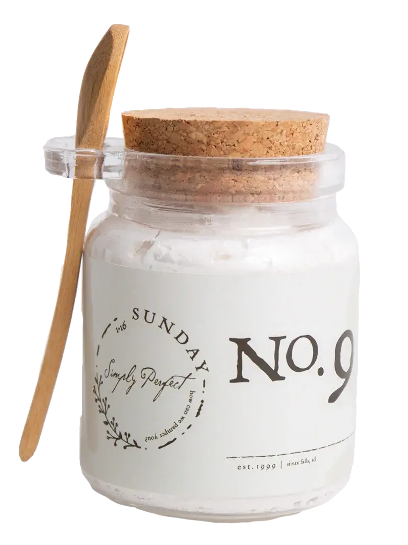 No. 9 Sunday Simply Perfect bath salts in glass jar with cork lid and wooden spoon, farmhouse bath essentials