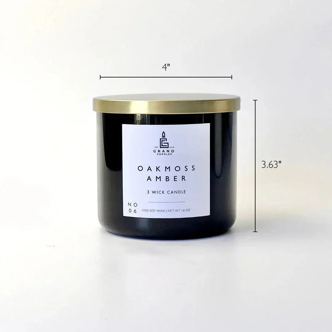 Oakmoss Amber 3-wick soy candle in black jar with gold lid, 4" diameter, 3.63" tall, farmhouse home decor