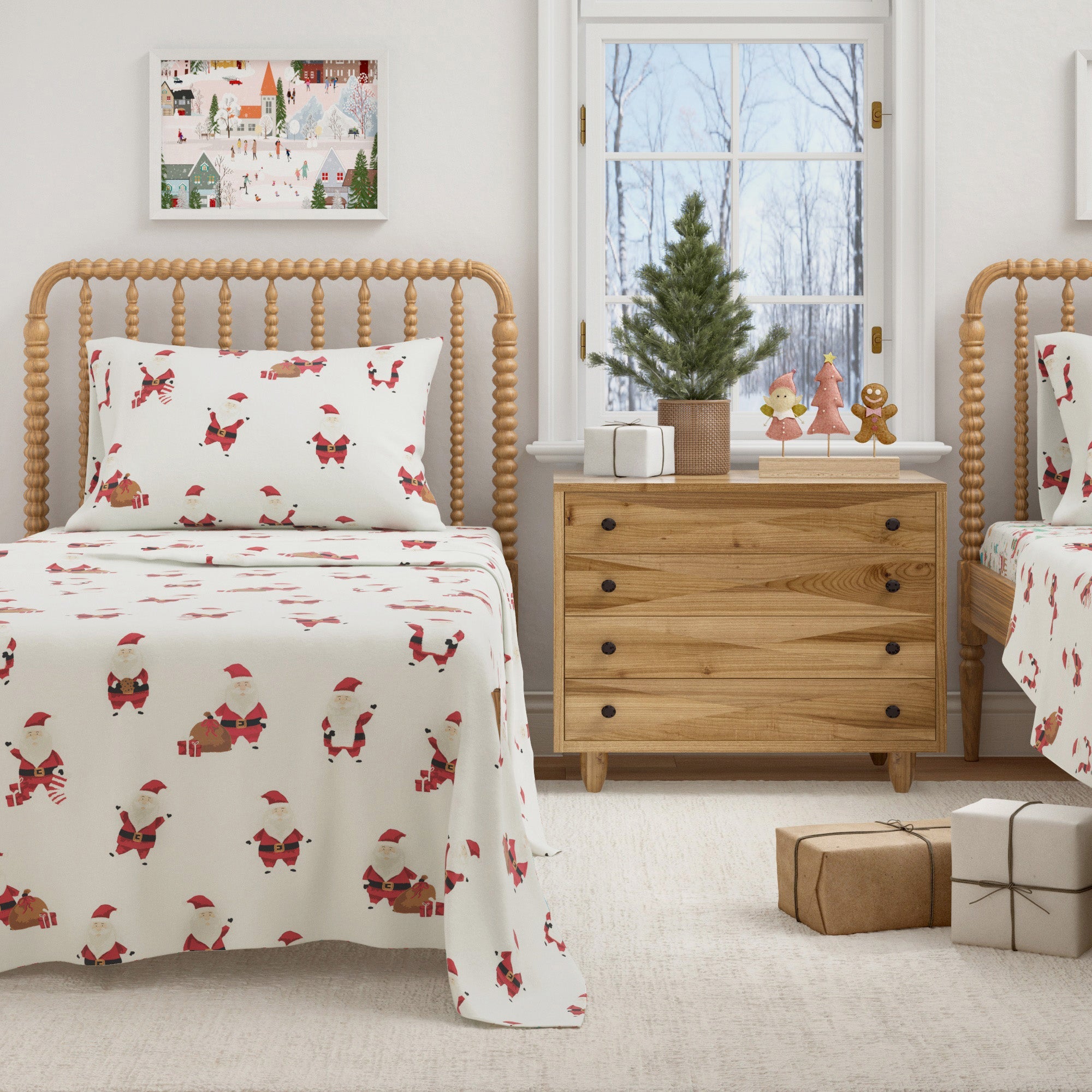 Children's bedroom with Christmas-themed bedding and decor.