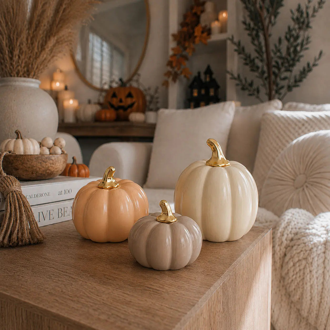 Decorative pumpkins on a coffee table with a cozy living room background