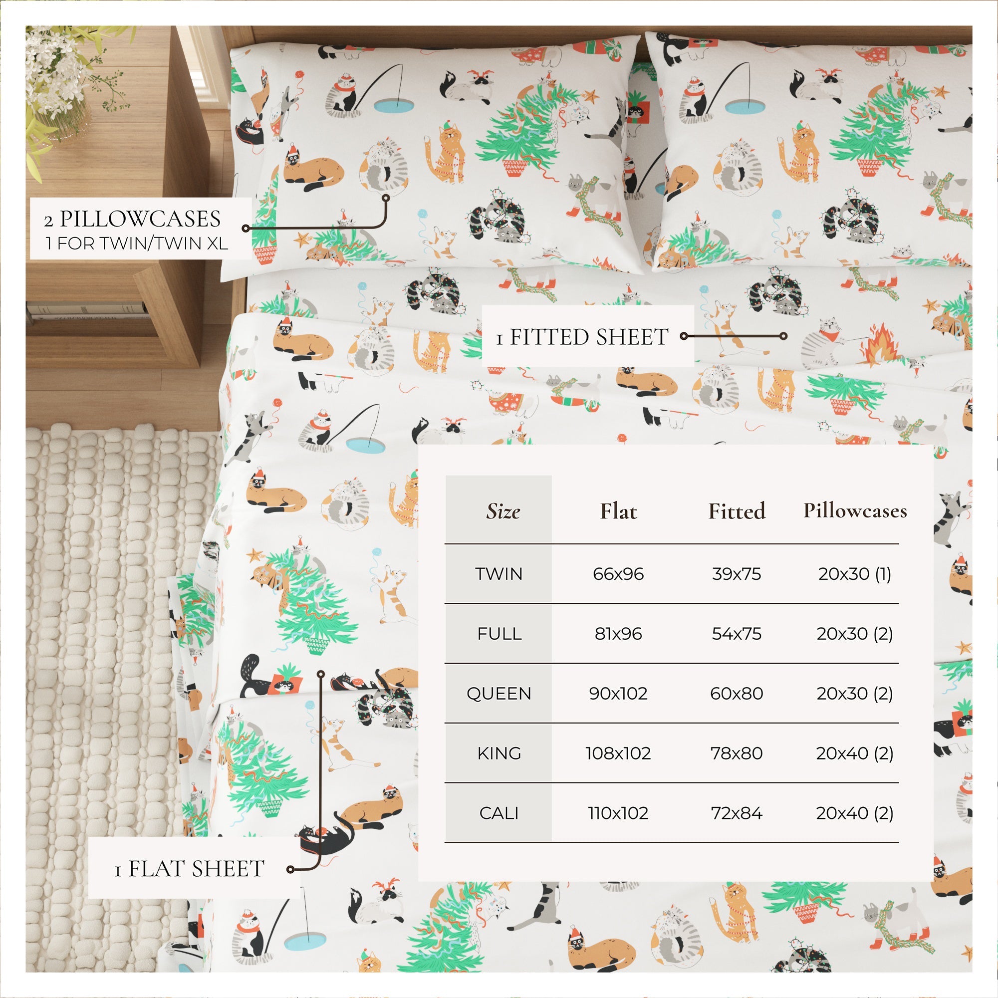 Bedding set with animal pattern on a bed, including pillowcases and a fitted sheet, with size chart below.
