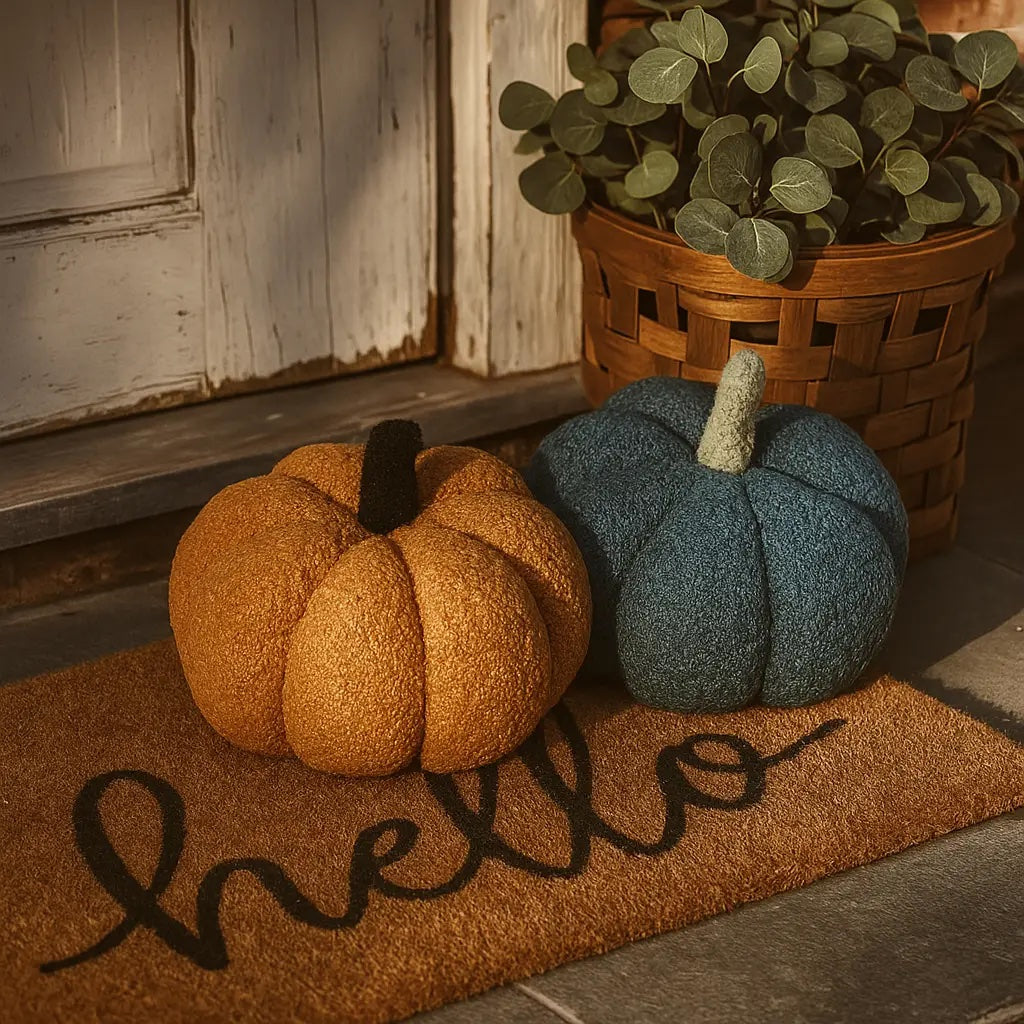 Two pumpkins, one orange and one blue, on a doormat with the word 'hello' in front of a wooden door.