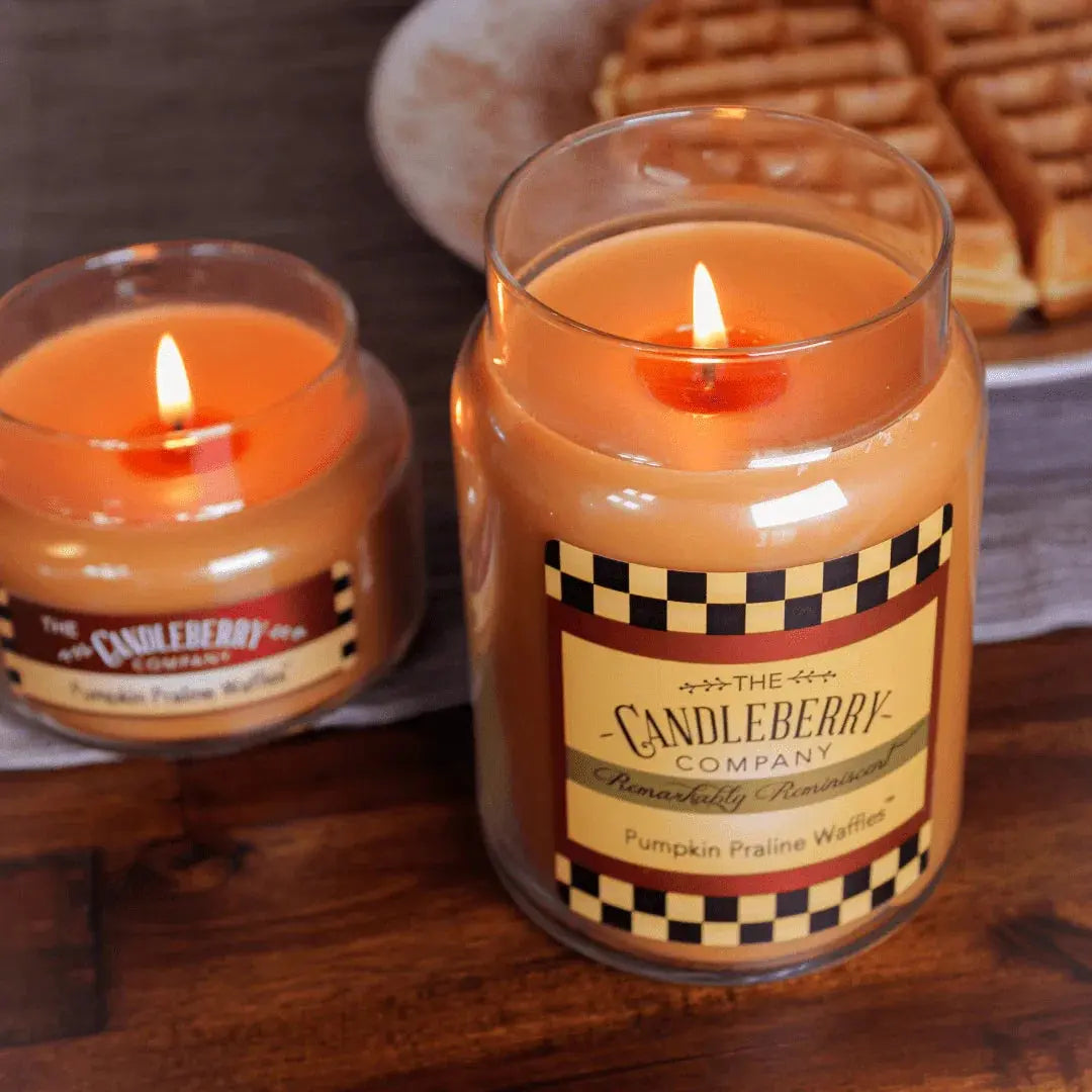 Pumpkin Praline Waffles scented candles by Candleberry Company, cozy farmhouse decor with warm glow
