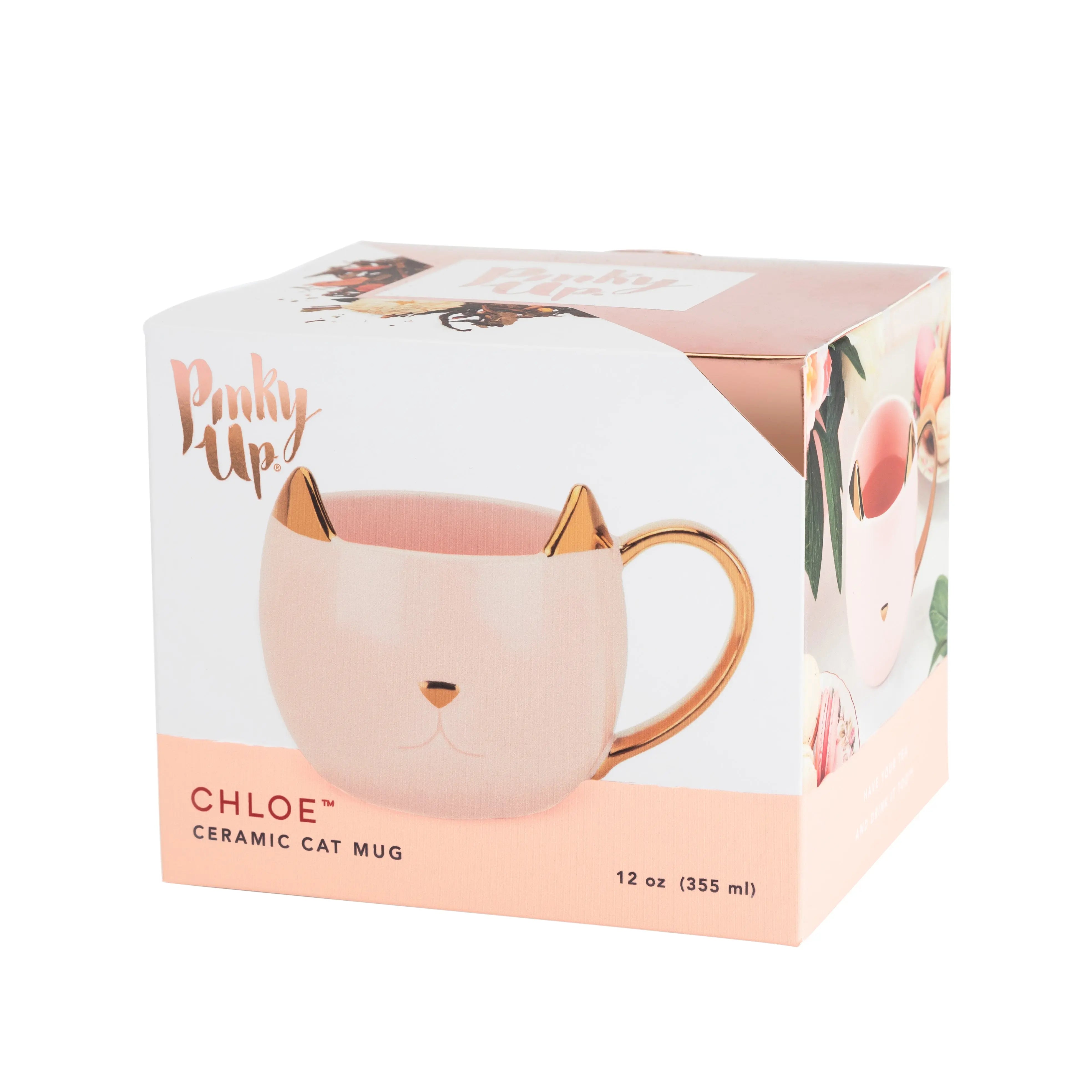 Chloe ceramic cat mug in packaging with 'Pinkie Up' branding