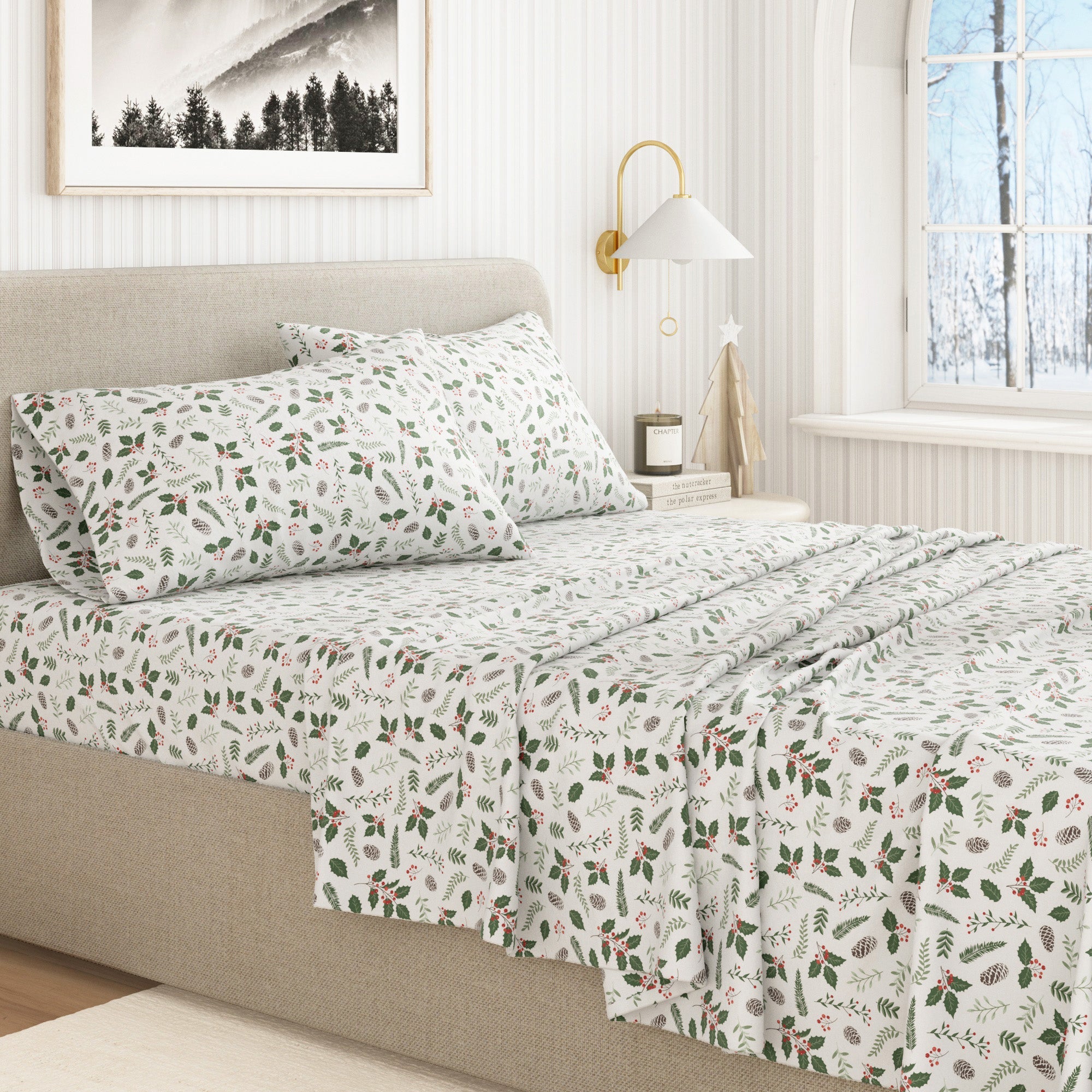 Bed with floral-patterned bedding in a well-lit bedroom