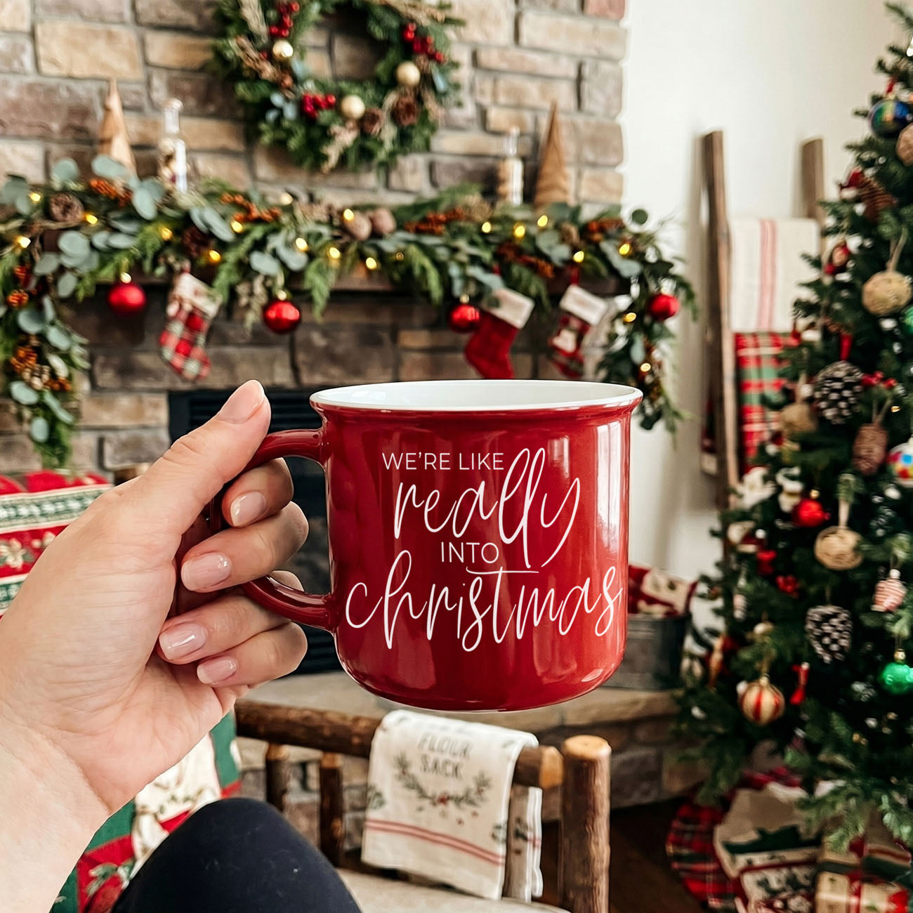 Red mug with 'FILLED WITH CHRISTMAS SPIRIT. I MEANT COFFEE.