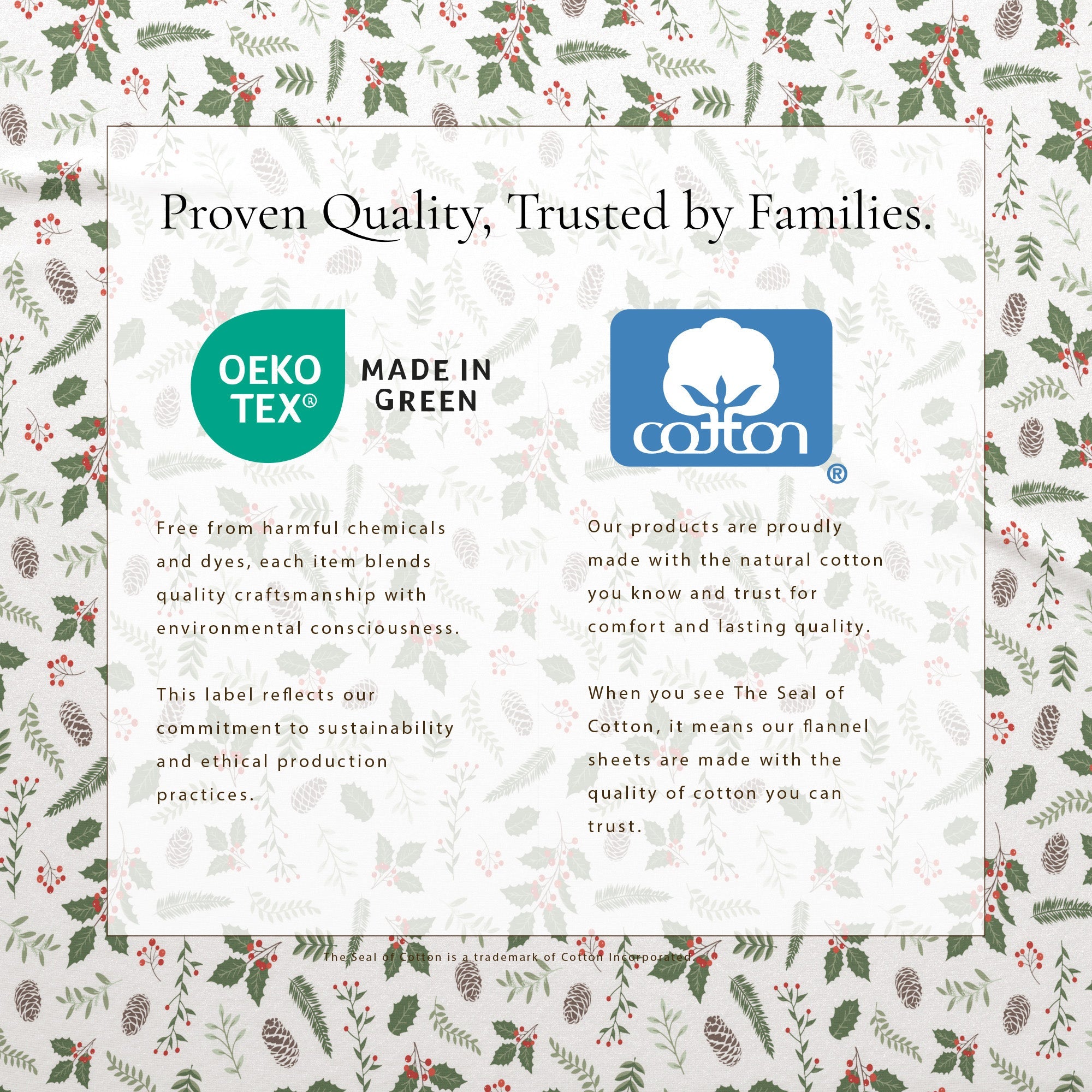 Product packaging with Oeko-Tex and Cotton logos on a floral patterned background