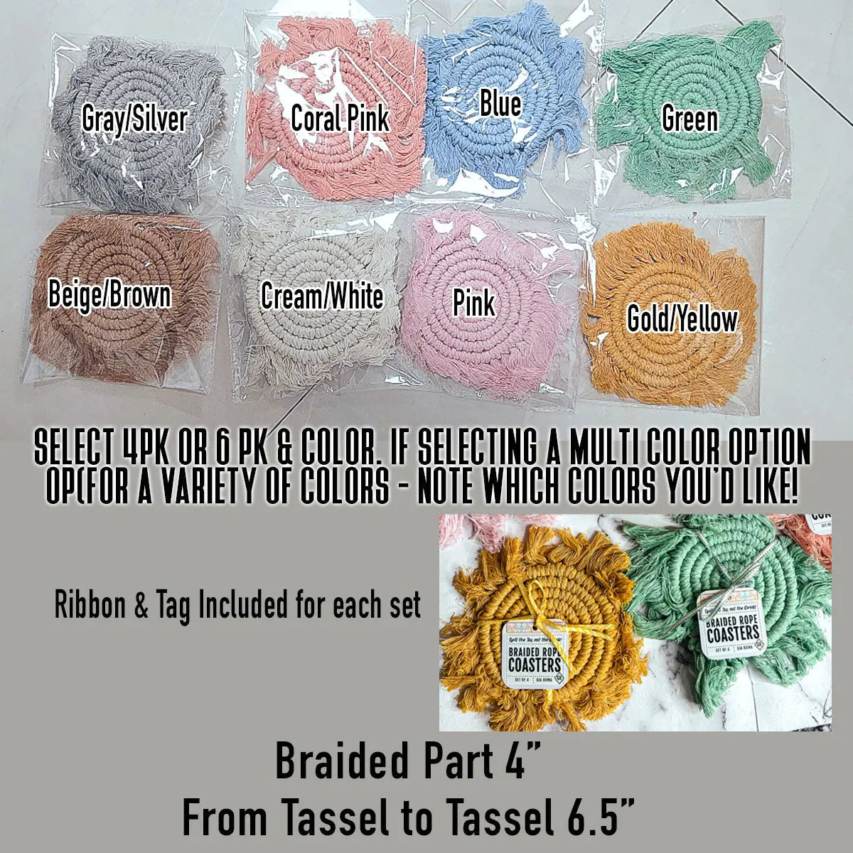 Set of braided coasters in various colors with packaging labels on a gray background.