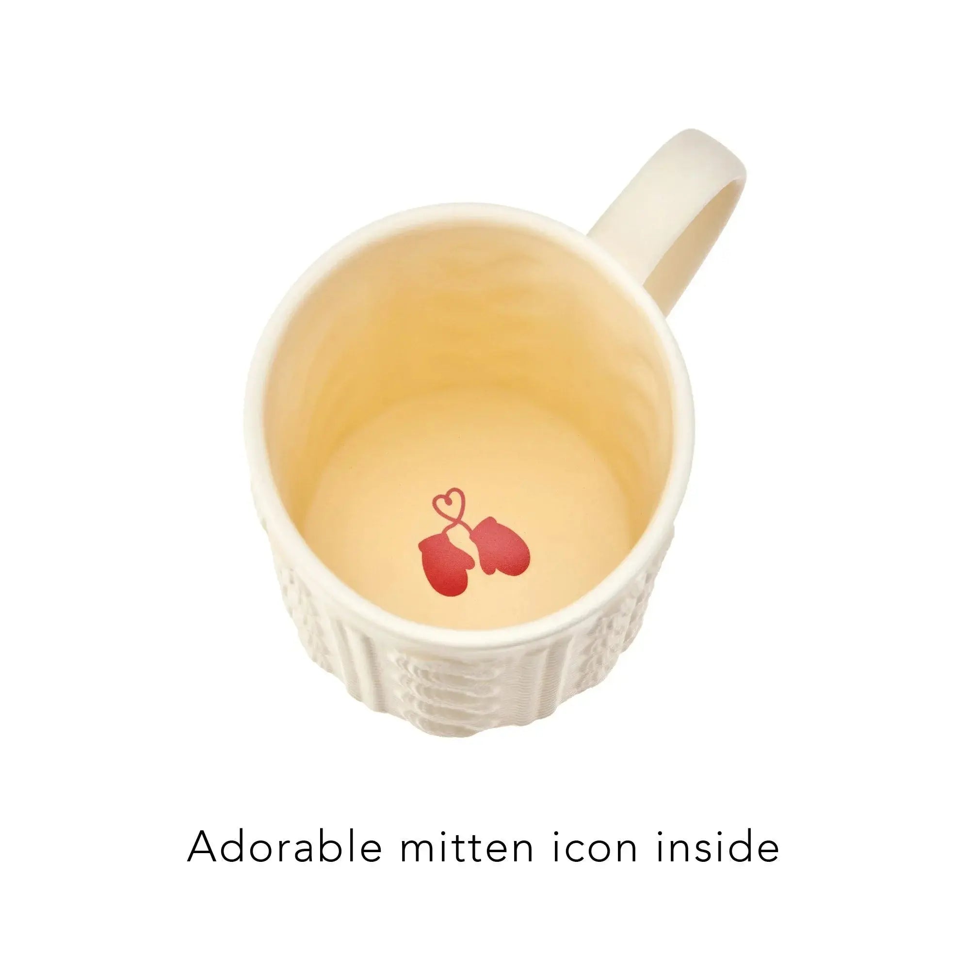 White mug with a heart-shaped mitten icon inside on a white background