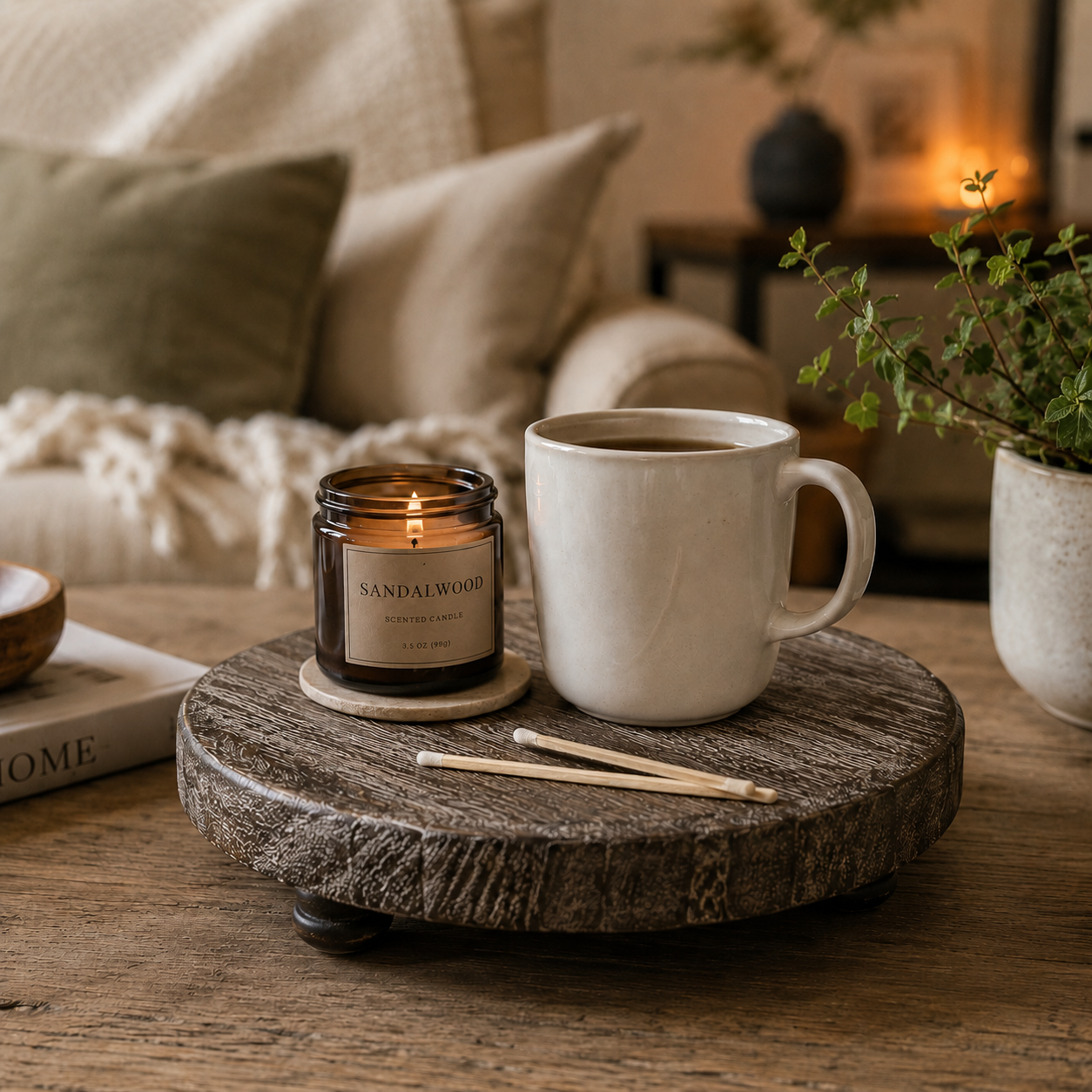 Candle and mug on a wooden coaster with a cozy living room background