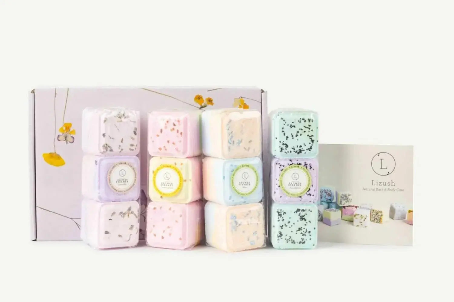 Pastel shower steamers with dried flowers, natural bath & body care gift set