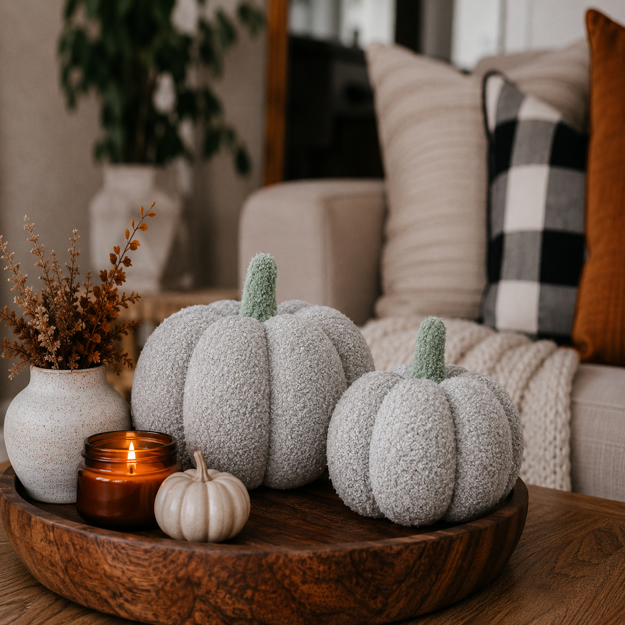 Decorative pumpkins on a wooden tray with candles and a plant in a cozy living room.
