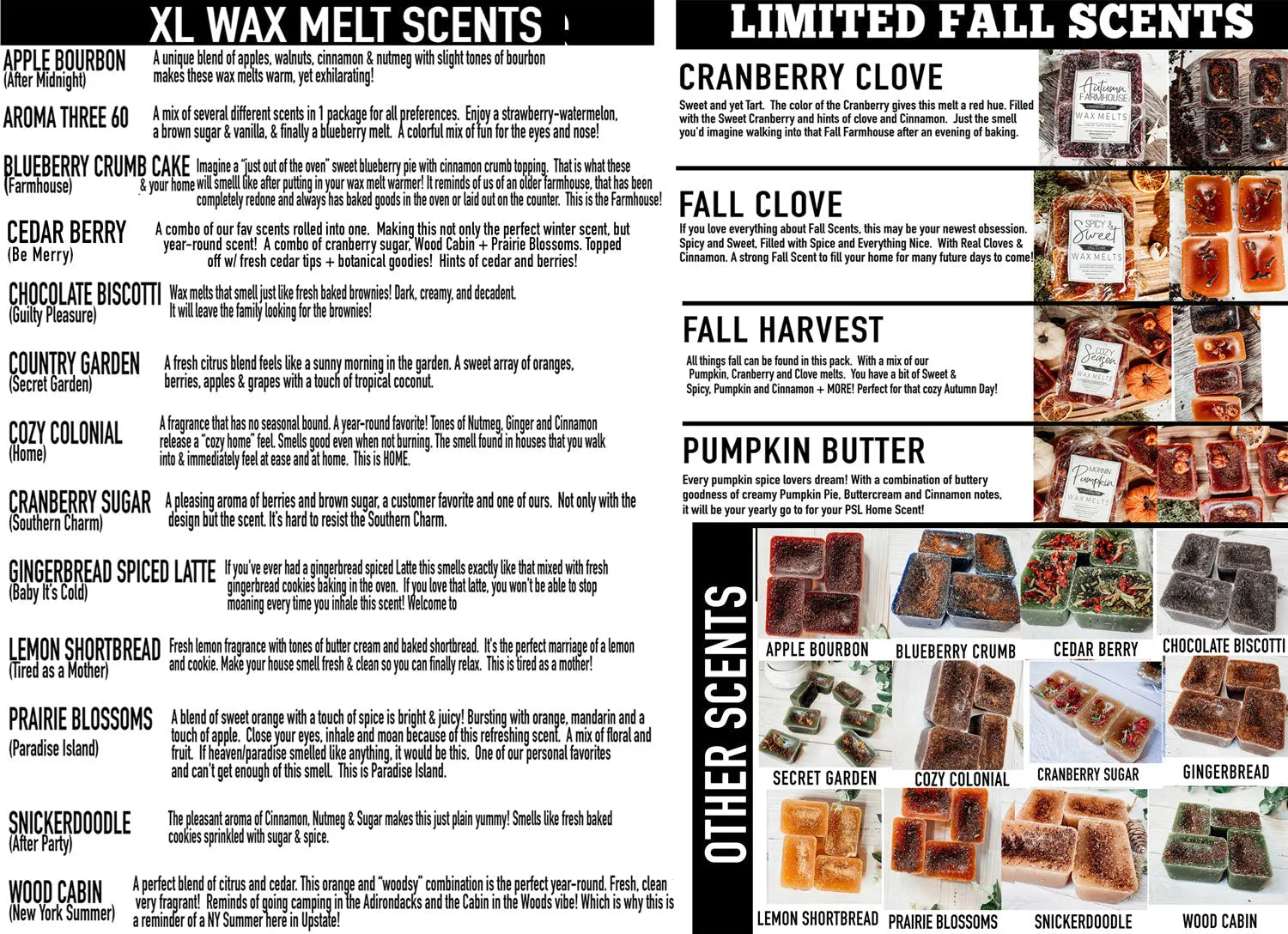 Product catalog page with XL wax melt scents and images of the products.
